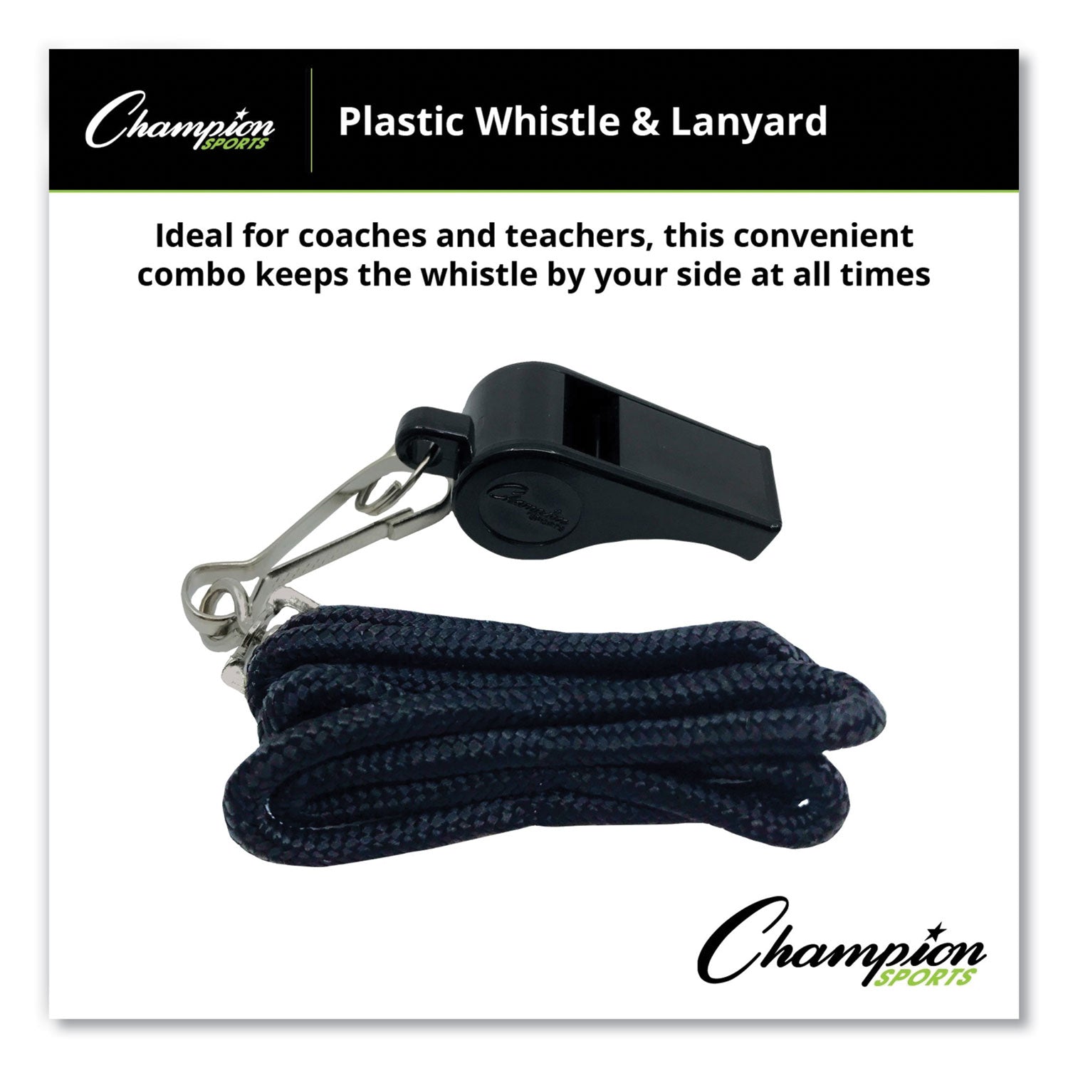 Sports Whistle with Black Nylon Lanyard, Plastic, Black, Dozen - 