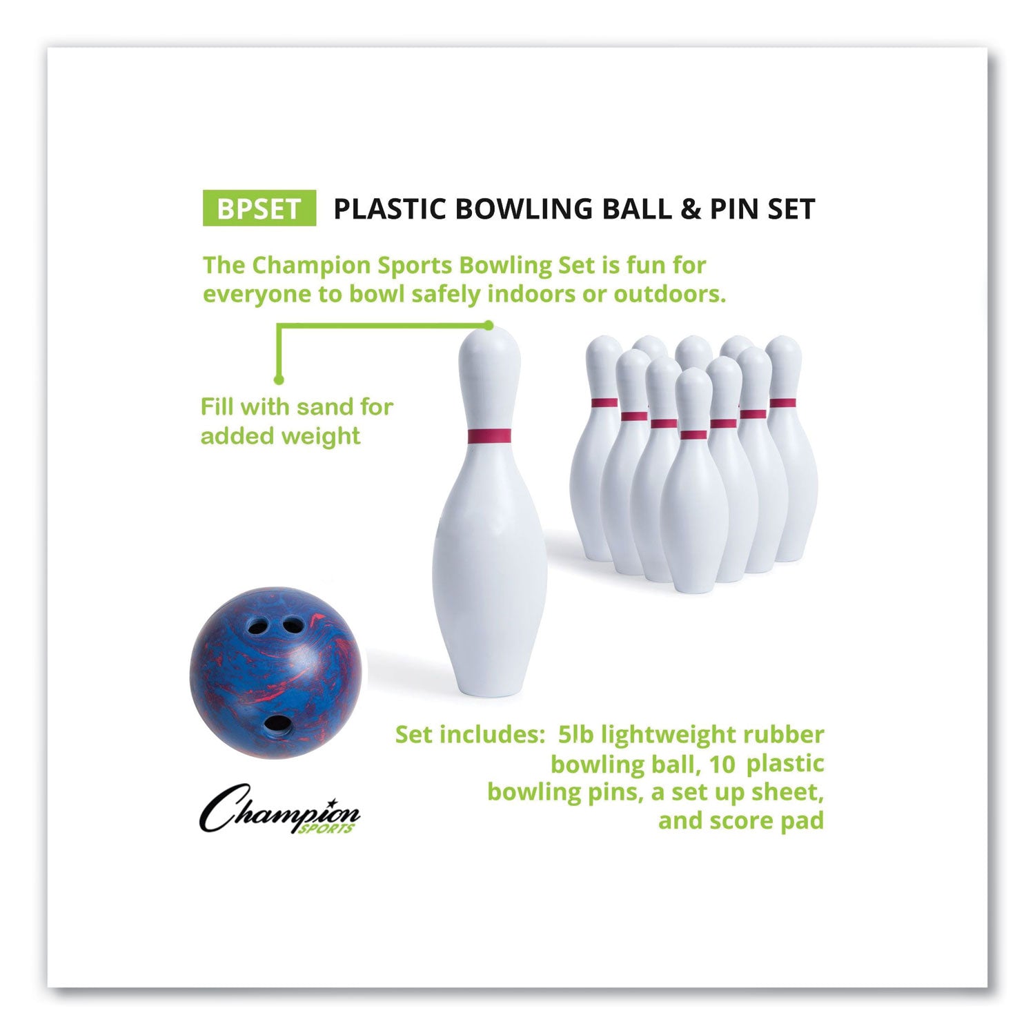 Bowling Set, Plastic/Rubber, White, 10 Bowling Pins, 1 Bowling Ball - 
