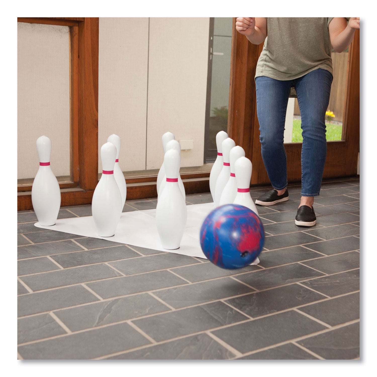 Bowling Set, Plastic/Rubber, White, 10 Bowling Pins, 1 Bowling Ball - 