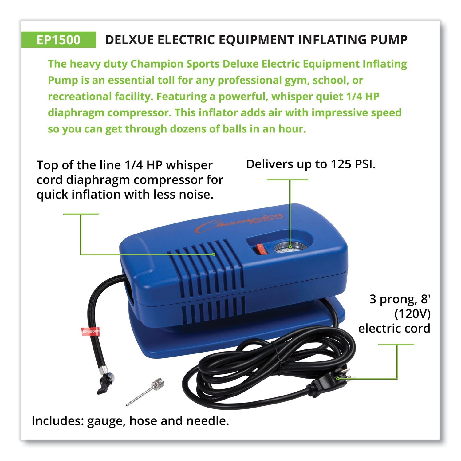 Electric Inflating Pump with Gauge, Hose and Needle, 0.25 hp Compressor, 50 psi, 8 ft Cord - 