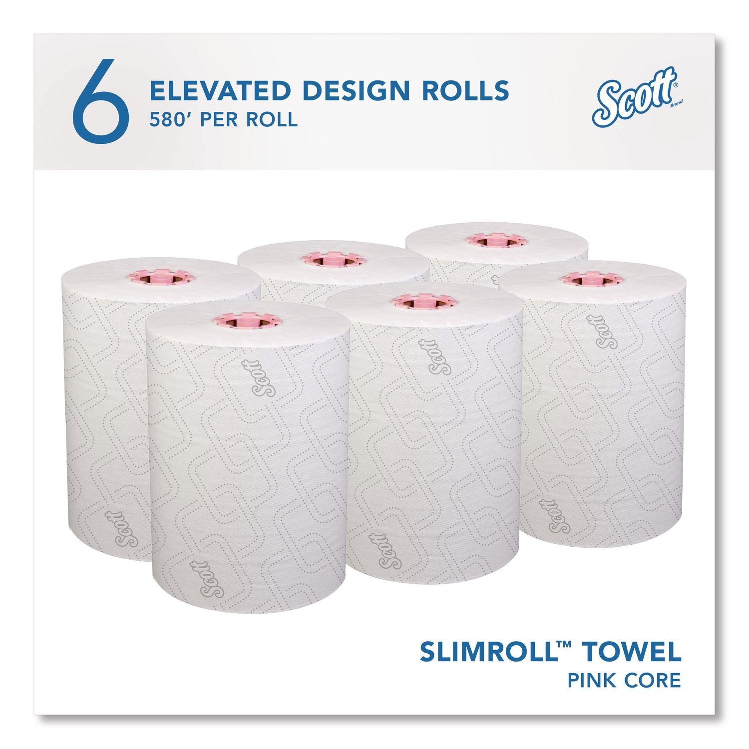 Slimroll Towels, 1-Ply, 8" x 580 ft, White/Pink Core, Traditional Business, 6 Rolls/Carton