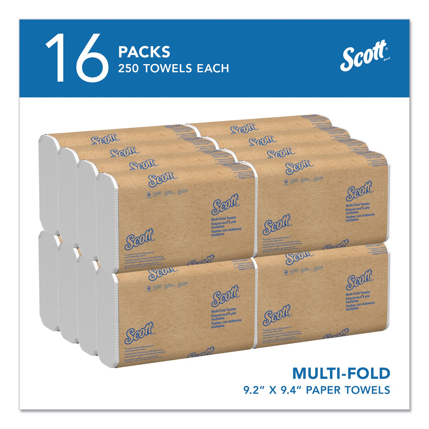 Essential Multi-Fold Towels, Absorbency Pockets, 1-Ply, 9.2 x 9.4, White, 250/Pack, 16 Packs/Carton - 