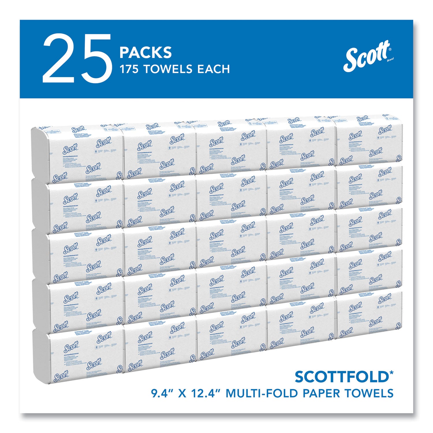 Pro Scottfold Towels, 1-Ply, 9.4 x 12.4, White, 175 Towels/Pack, 25 Packs/Carton - 