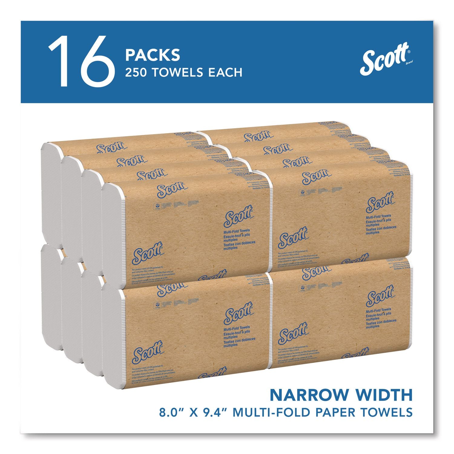 Essential Multi-Fold Towels, 1-Ply, 8 x 9.4, White, 250/Pack, 16 Packs/Carton