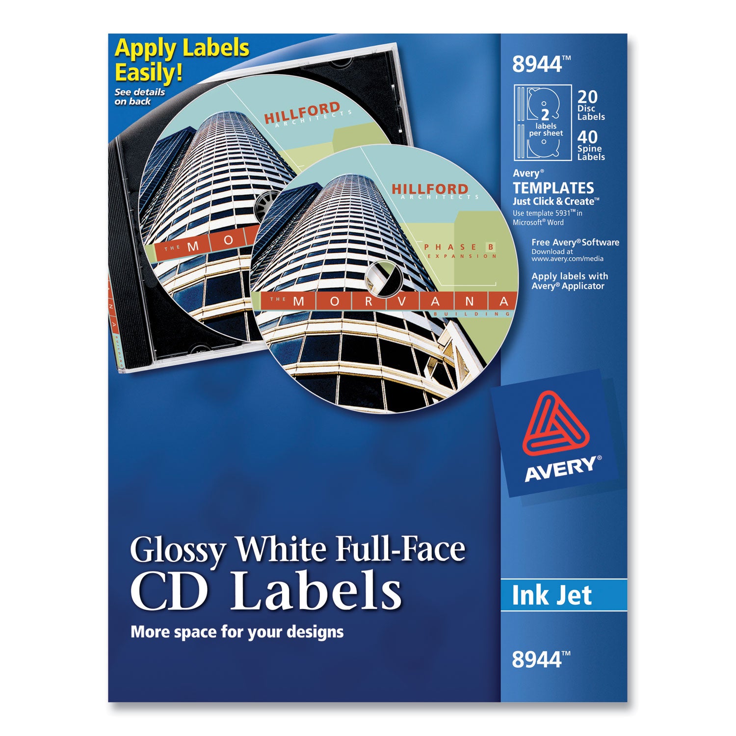 Inkjet Full-Face CD Labels, Glossy White, 20/Pack - 