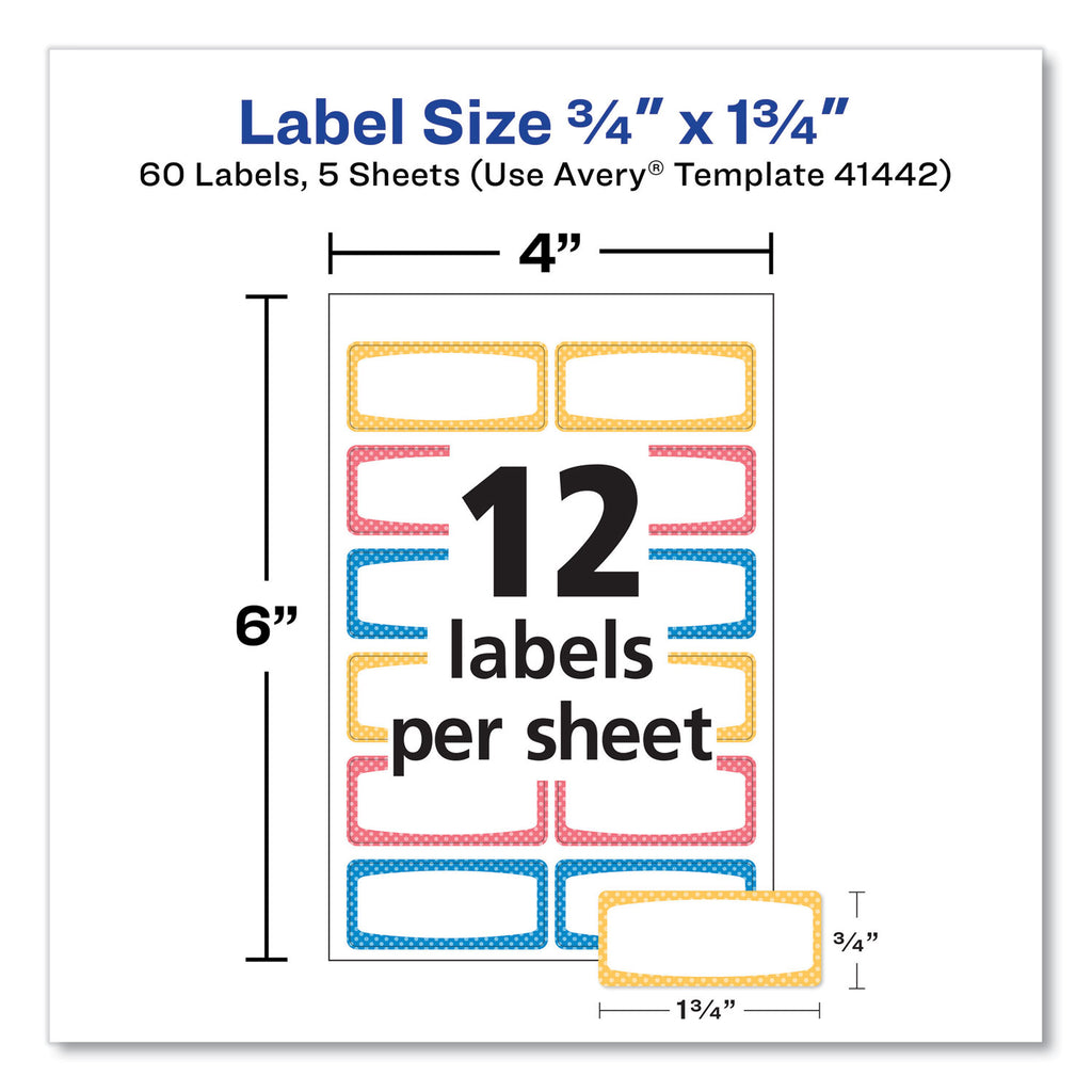 Avery Kids Handwritten Identification Labels, 1.75 x 0.75, Borders: Blue, Orange, Yellow, 12 Labels/Sheet, 5 Sheets/Pack