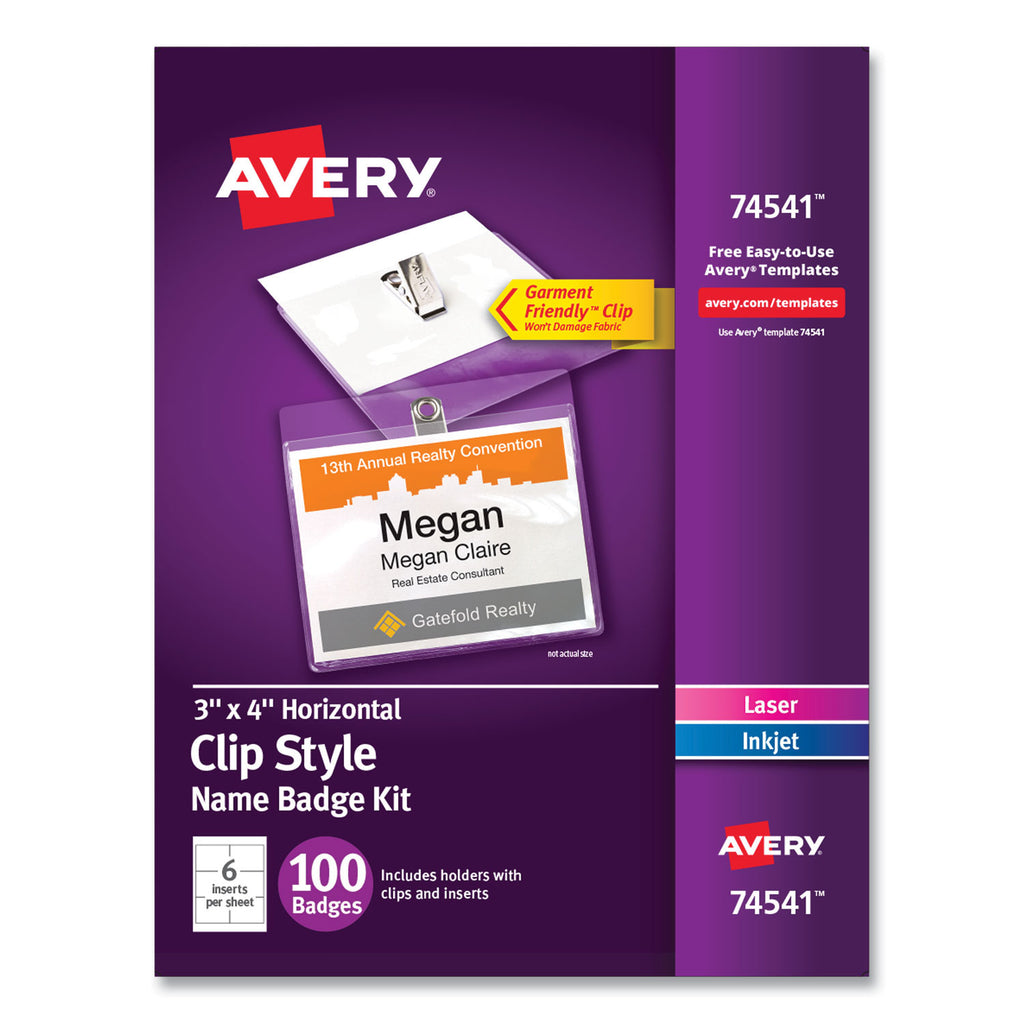 Clip-Style Name Badge Holder with Laser/Inkjet Insert, Top Load, 4 x 3, White, 100/Box