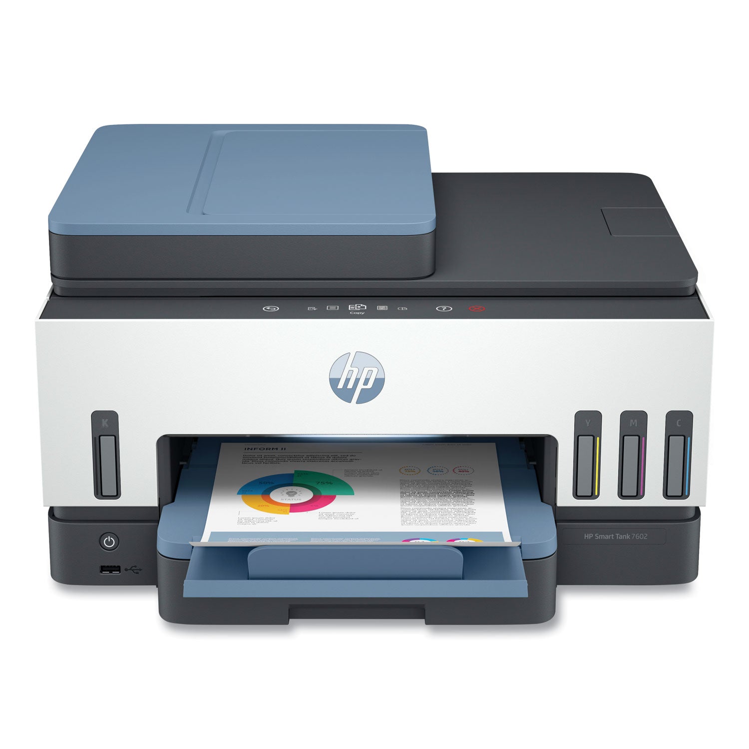 HP Smart Tank 7602 Wireless Inkjet Multifunction Printer - Color - White - Copier/Fax/Printer/Scanner - 4800 x 1200 dpi Print - Automatic Duplex Print - Up to 6000 Pages Monthly - Color Flatbed Scanner - 1200 dpi Optical Scan - Color Fax - Gigabit Et - 1