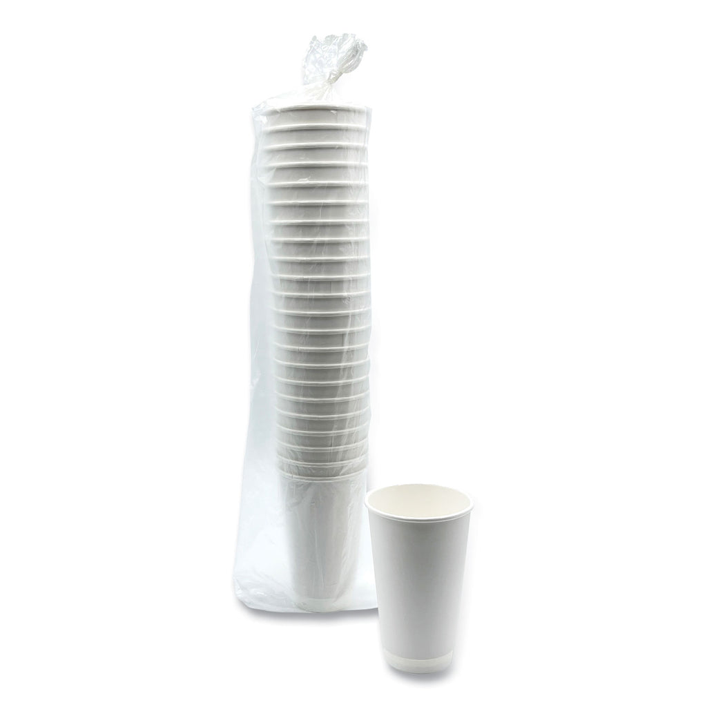 Paper Hot Cups, Double-Walled, 16 oz, White, 500/Carton