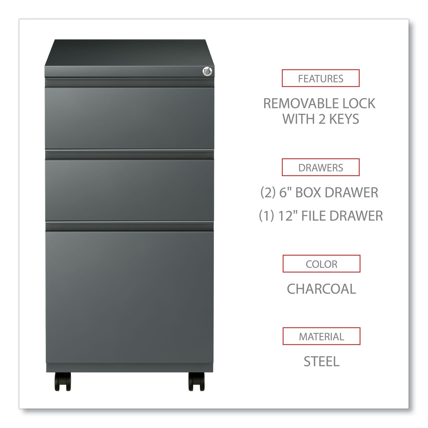 File Pedestal with Full-Length Pull, Left or Right, 3-Drawers: Box/Box/File, Legal/Letter, Charcoal, 14.96" x 19.29" x 27.75
