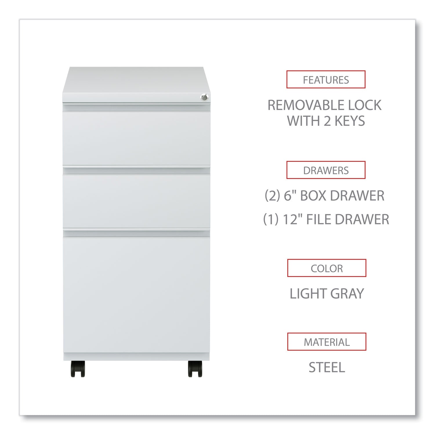 File Pedestal with Full-Length Pull, Left/Right, 3-Drawers: Box/Box/File, Legal/Letter, Light Gray, 14.96" x 19.29" x 27.75