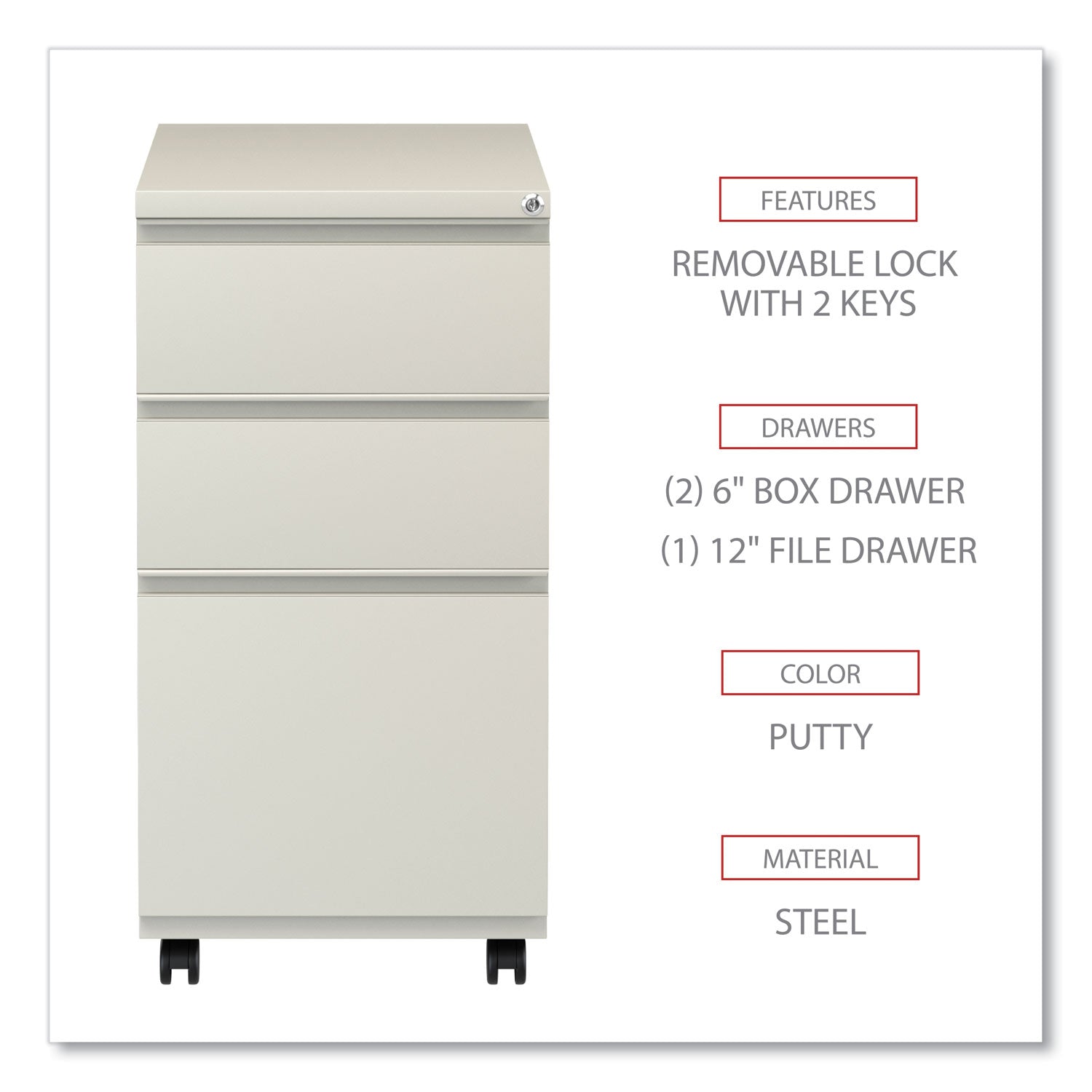 File Pedestal with Full-Length Pull, Left or Right, 3-Drawers: Box/Box/File, Legal/Letter, Putty, 14.96" x 19.29" x 27.75