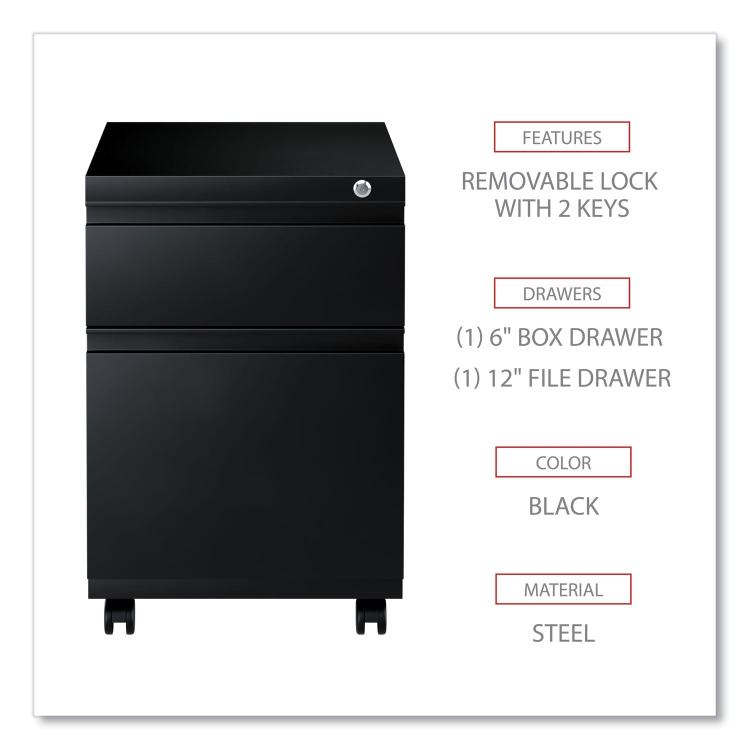 File Pedestal with Full-Length Pull, Left or Right, 2-Drawers: Box/File, Legal/Letter, Black, 14.96" x 19.29" x 21.65