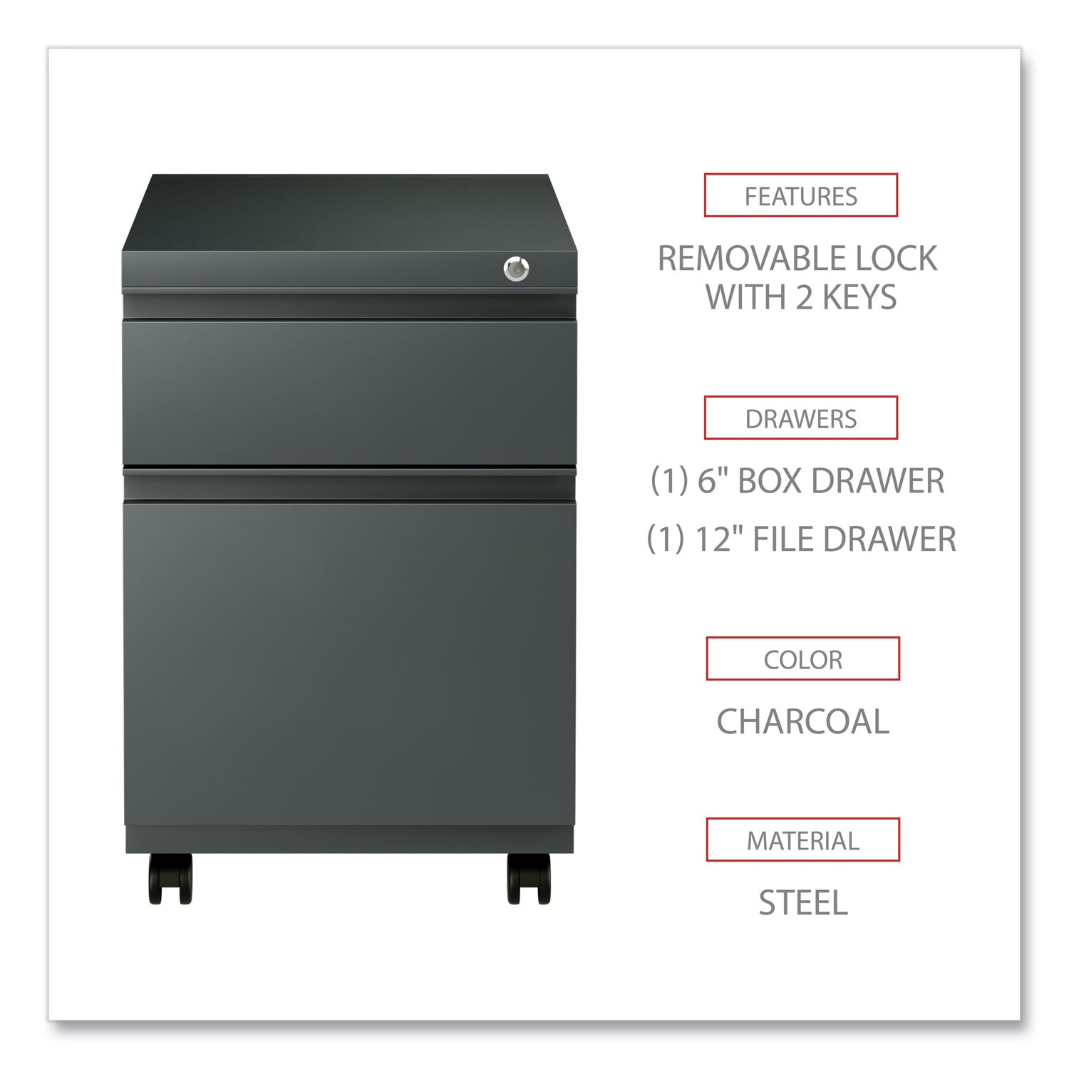 File Pedestal with Full-Length Pull, Left or Right, 2-Drawers: Box/File, Legal/Letter, Charcoal, 14.96" x 19.29" x 21.65