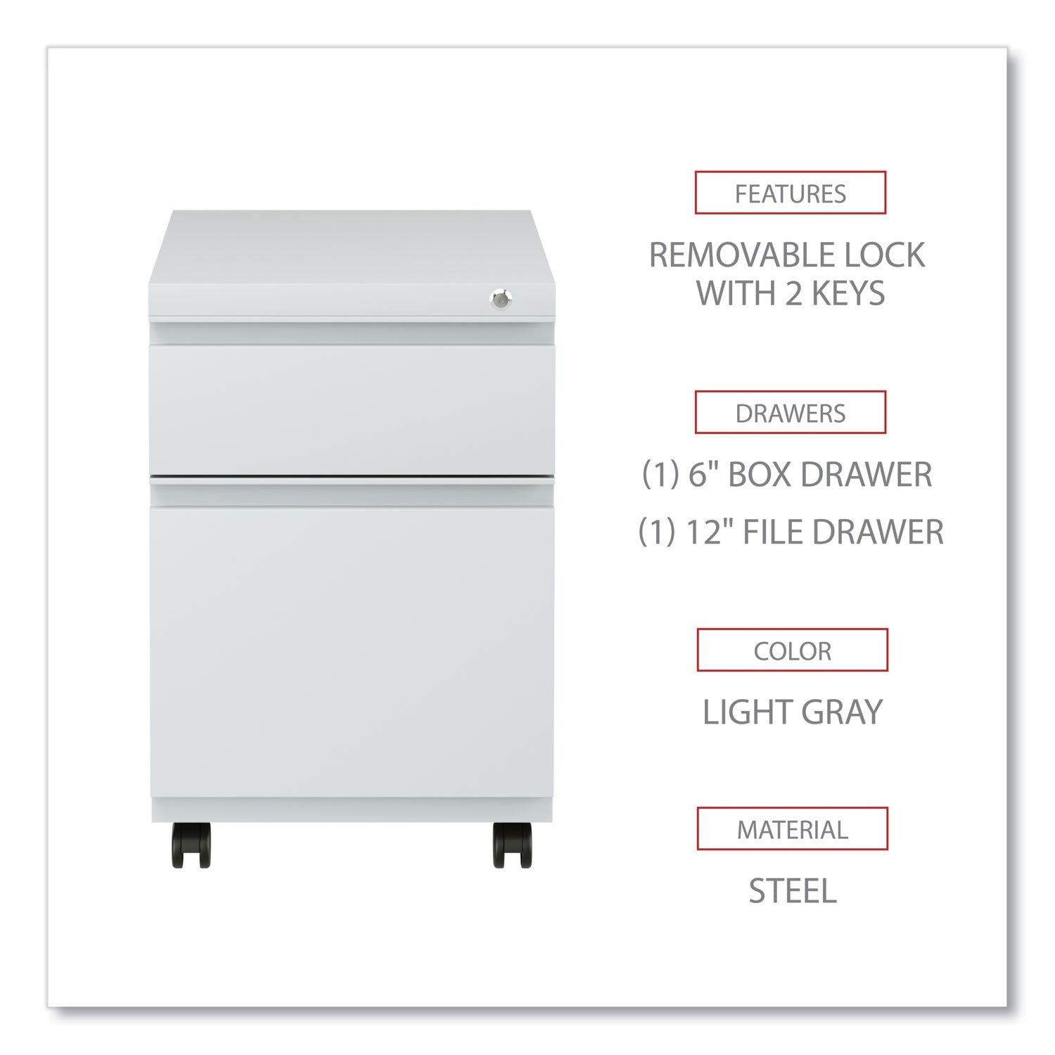 File Pedestal with Full-Length Pull, Left or Right, 2-Drawers: Box/File, Legal/Letter, Light Gray, 14.96" x 19.29" x 21.65