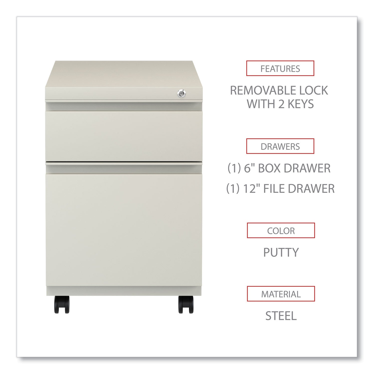File Pedestal with Full-Length Pull, Left or Right, 2-Drawers: Box/File, Legal/Letter, Putty, 14.96" x 19.29" x 21.65