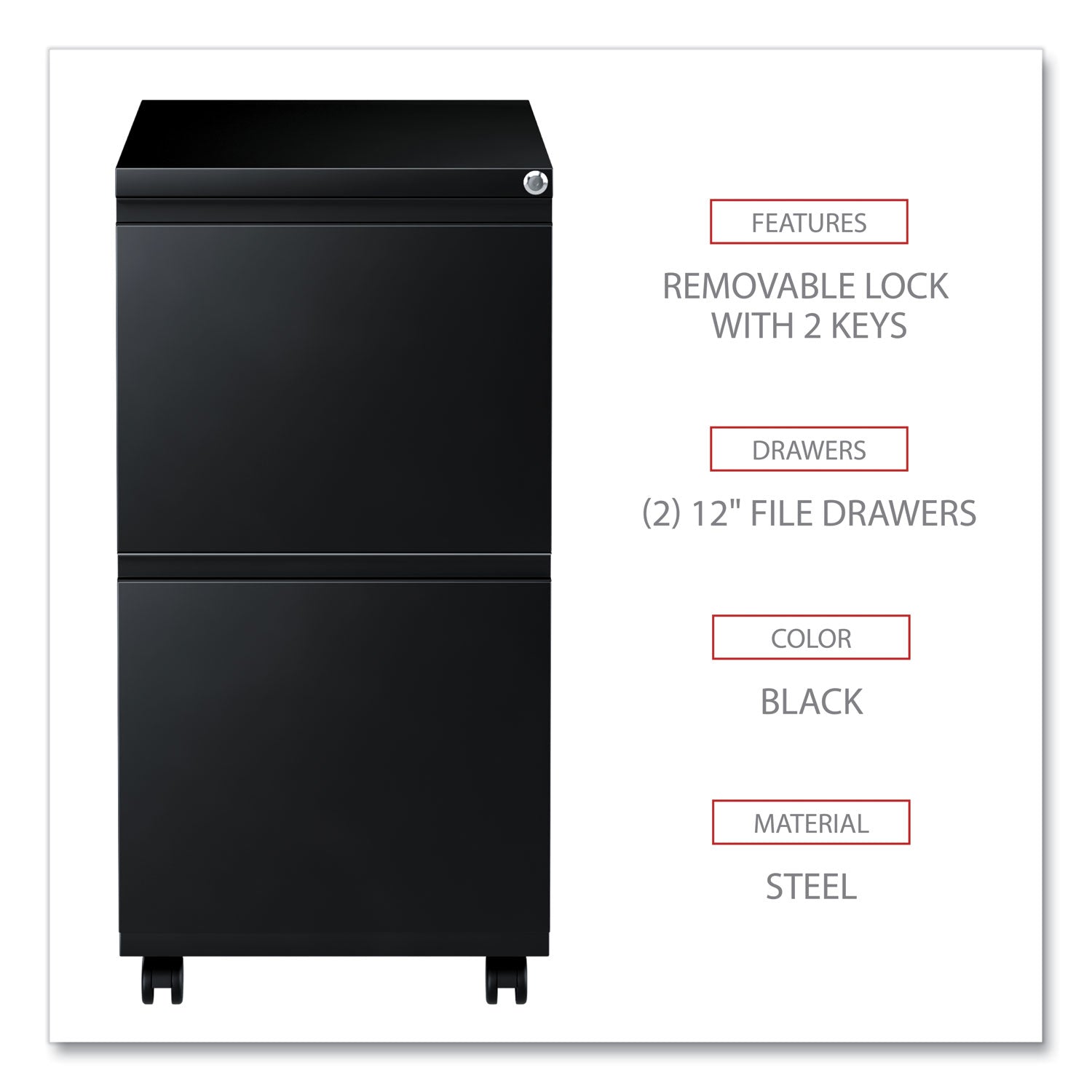 File Pedestal with Full-Length Pull, Left or Right, 2 Legal/Letter-Size File Drawers, Black, 14.96" x 19.29" x 27.75