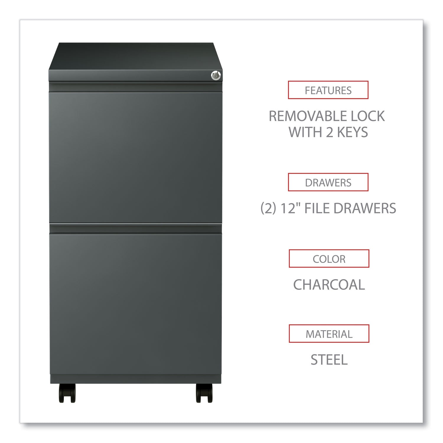 File Pedestal with Full-Length Pull, Left or Right, 2 Legal/Letter-Size File Drawers, Charcoal, 14.96" x 19.29" x 27.75