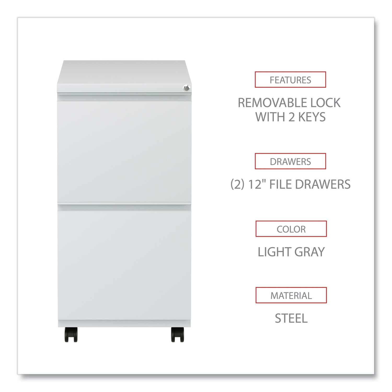 File Pedestal with Full-Length Pull, Left or Right, 2 Legal/Letter-Size File Drawers, Light Gray, 14.96" x 19.29" x 27.75