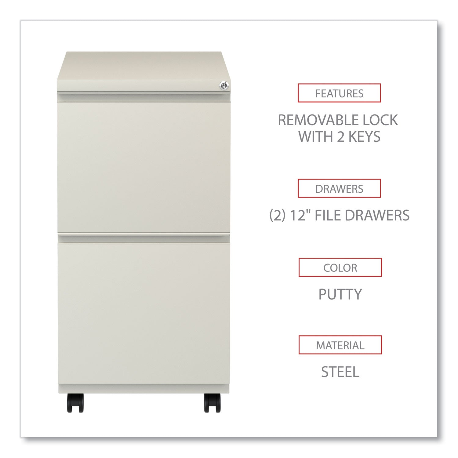 File Pedestal with Full-Length Pull, Left or Right, 2 Legal/Letter-Size File Drawers, Putty, 14.96" x 19.29" x 27.75