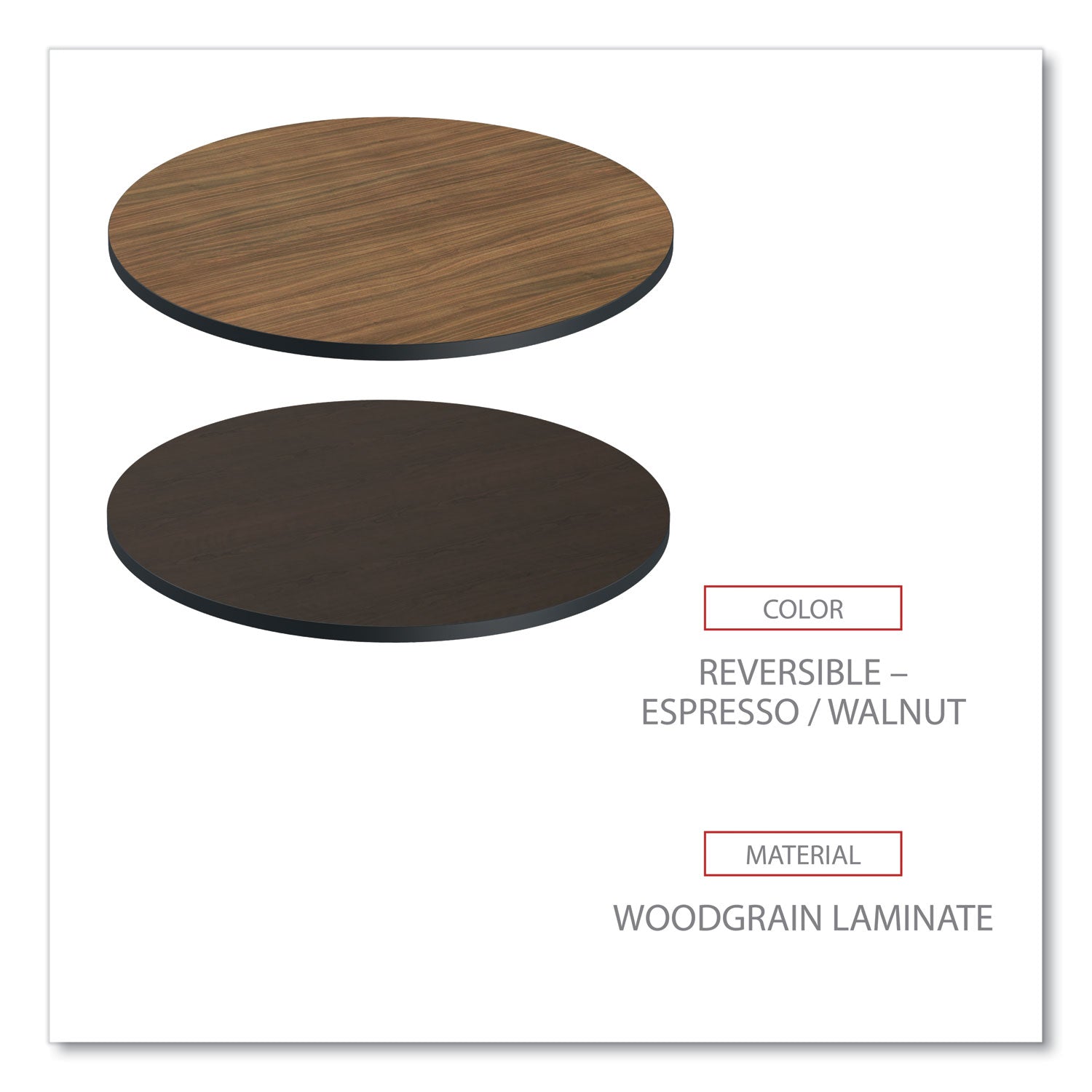 Reversible Laminate Table Top, Round, 35.5" Diameter, Espresso/Walnut