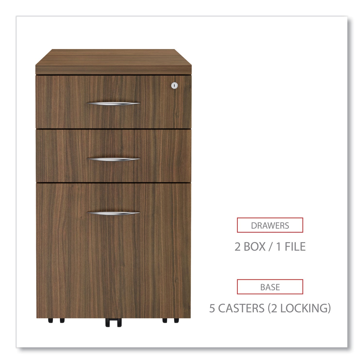 Alera Valencia Series Mobile Pedestal File, Left/Right, 3-Drawer: Box/Box/File, Legal/Letter, Walnut, 15.88 x 20.5 x 28.38