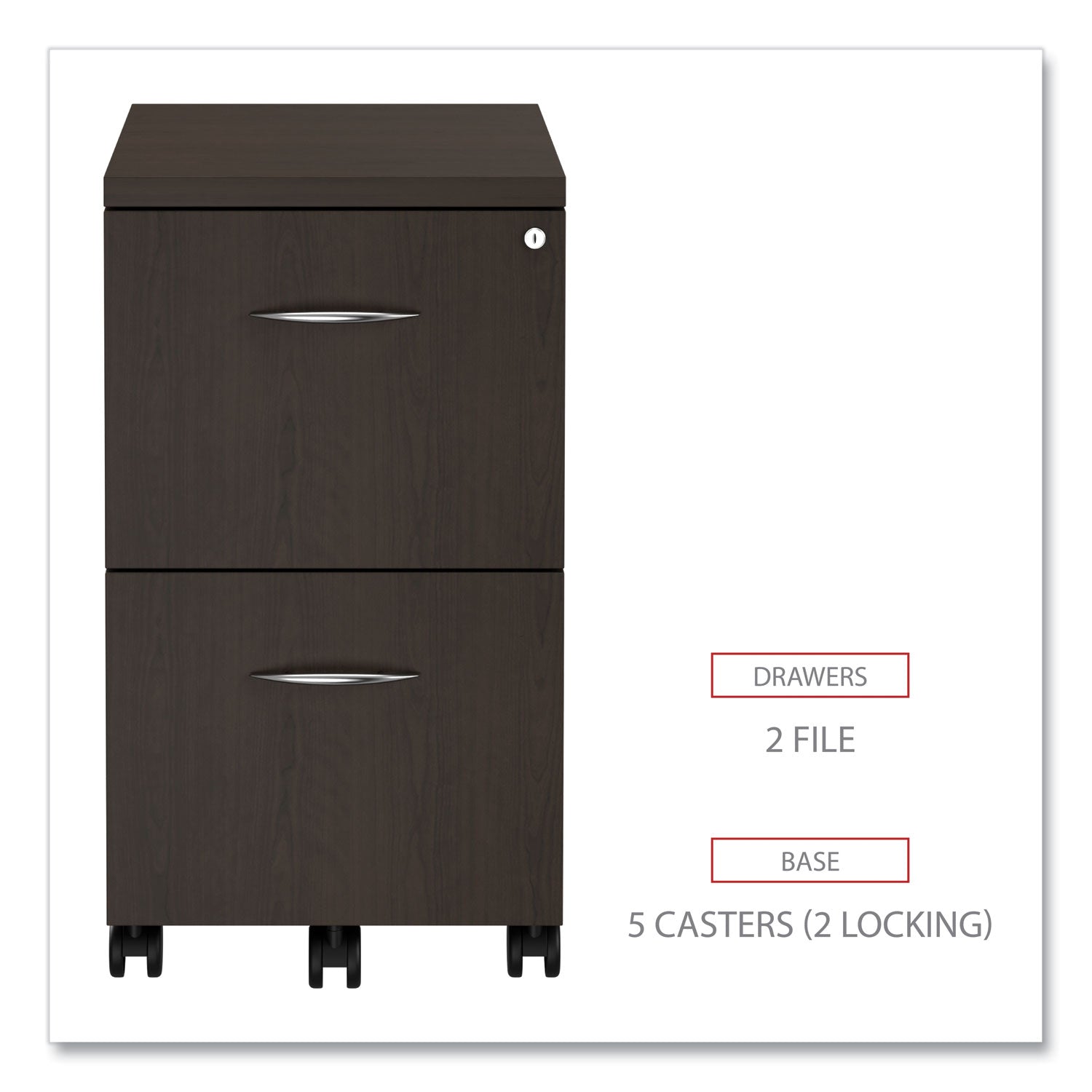 Alera Valencia Series Mobile Pedestal, Left or Right, 2 Legal/Letter-Size File Drawers, Espresso, 15.38" x 20" x 26.63