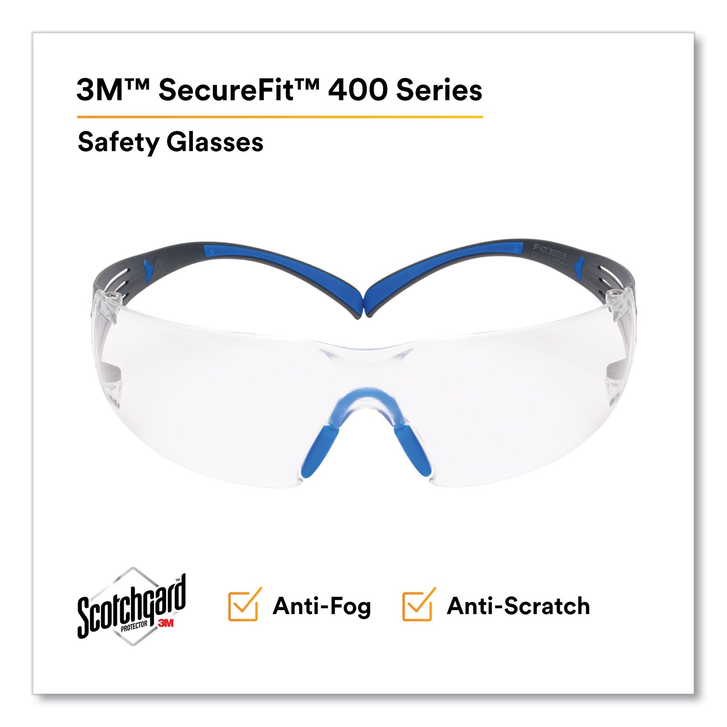 SecureFit Protective Eyewear, 400 Series, Black/Blue Plastic Frame, Clear Polycarbonate Lens