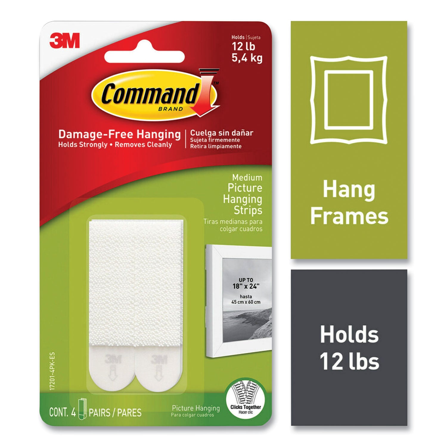 Command Medium Picture Hanging Strips - 2.75" Length x 0.63" Width - 100 mil Thickness - Foam - 8 / Pack - White