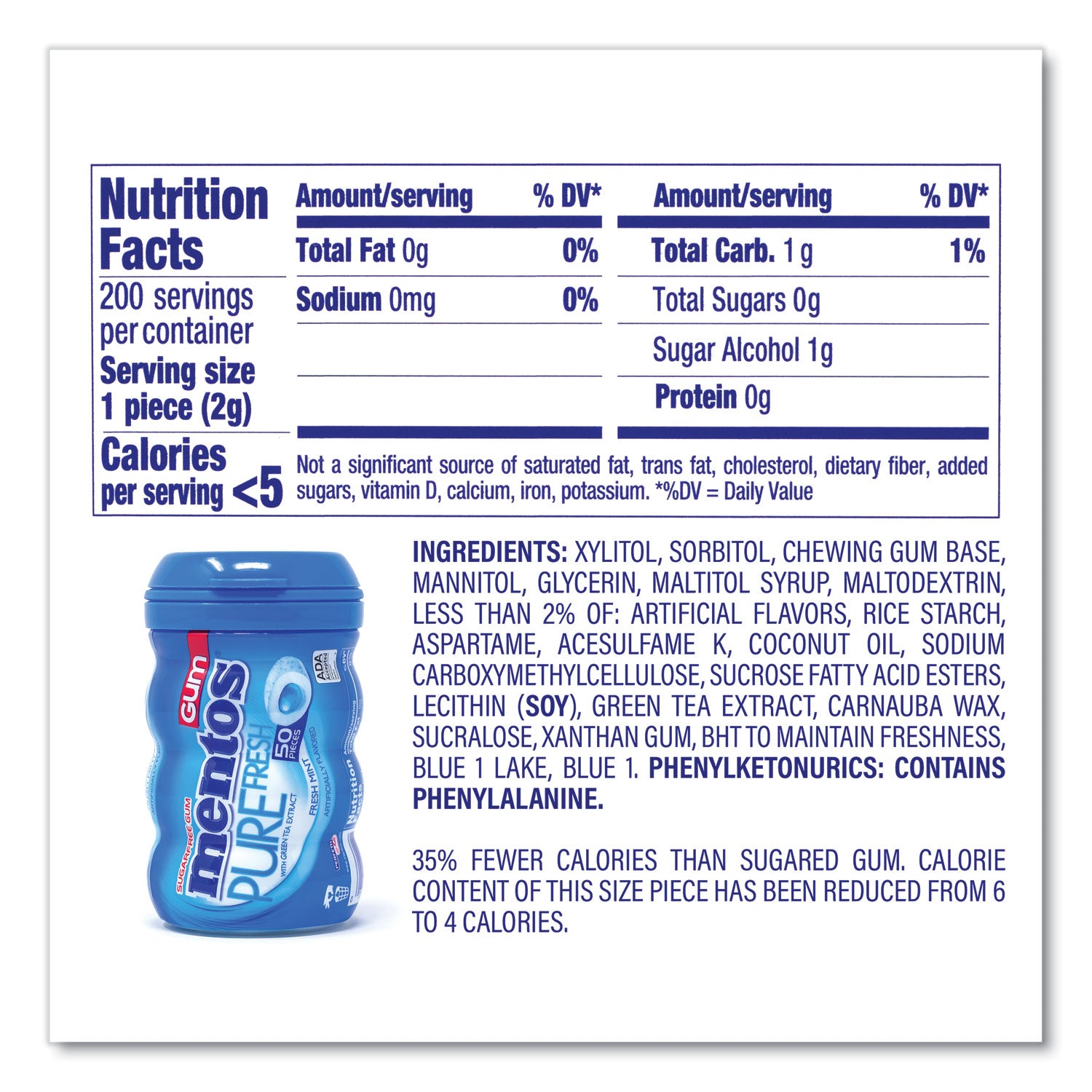 Pure Fresh Gum Variety Pack, Fresh Mint/Spearmint, 50 Pieces/Bottle, 8 Bottles/Carton, Ships in 1-3 Business Days