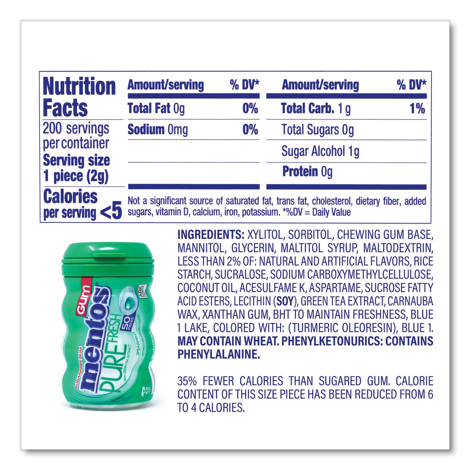 Pure Fresh Gum Variety Pack, Fresh Mint/Spearmint, 50 Pieces/Bottle, 8 Bottles/Carton, Ships in 1-3 Business Days