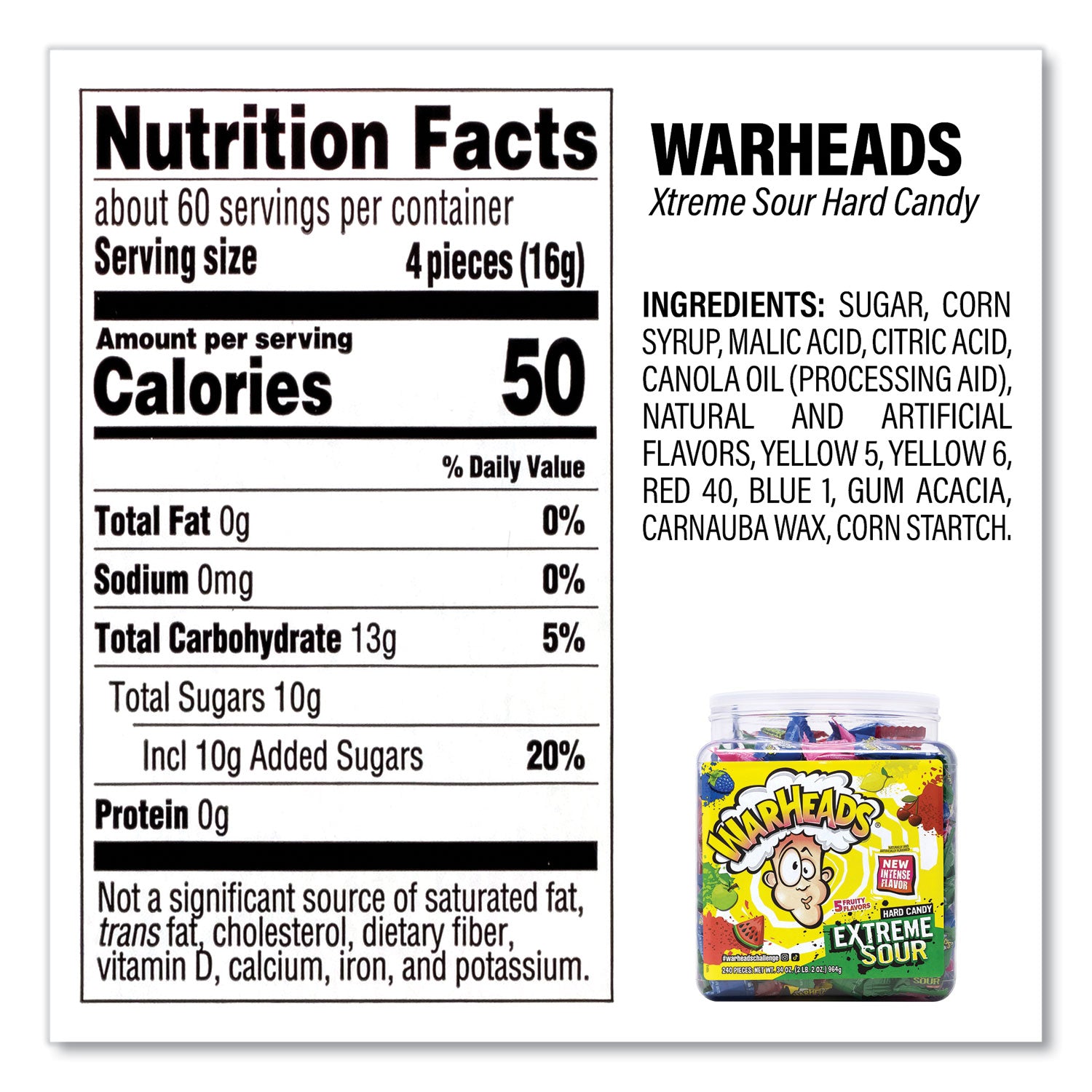 Xtreme Sour Hard Candy, Assorted Flavors, 34 oz Tub, Ships in 1-3 Business Days