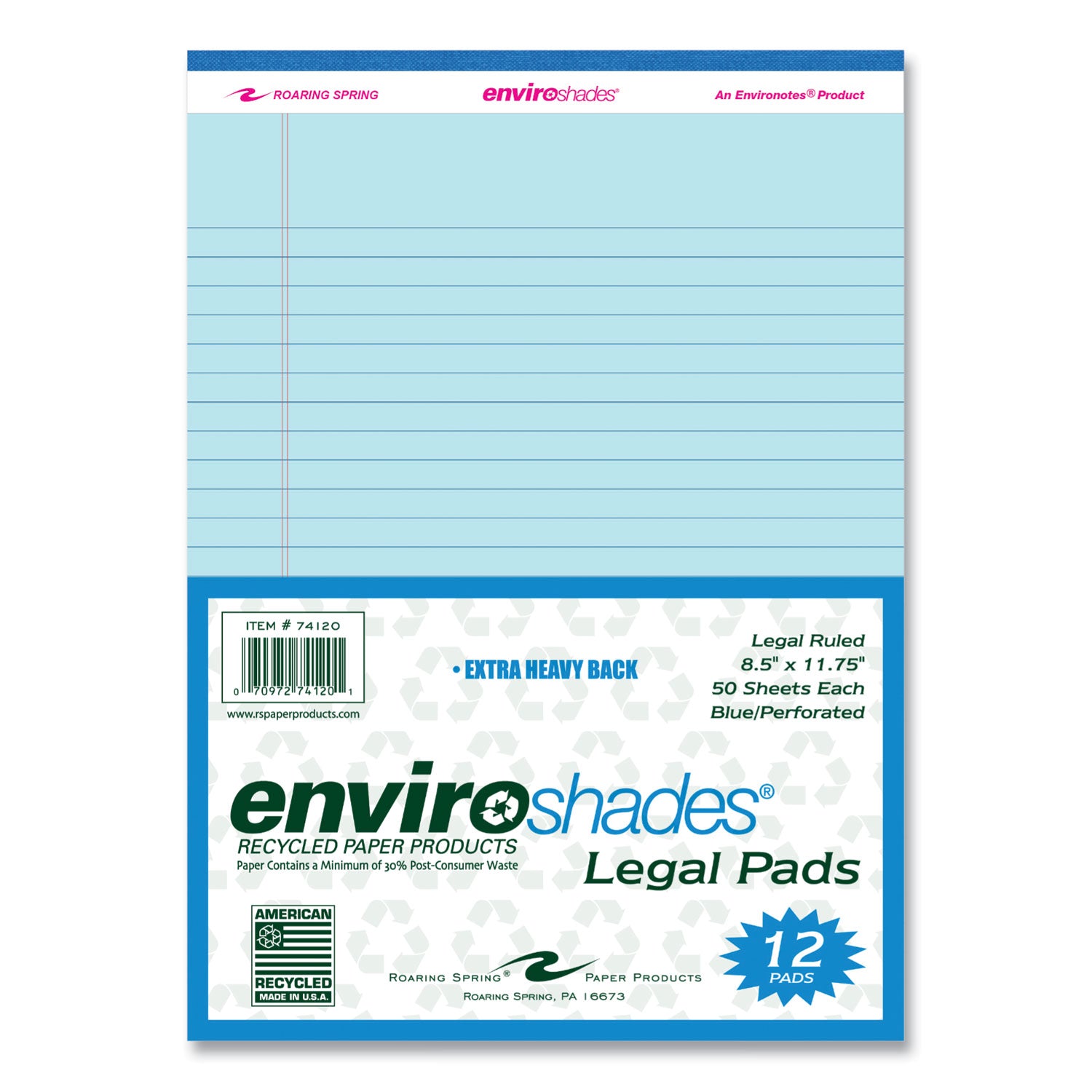 Enviroshades Legal Notepads, 50 Blue 8.5 x 11.75 Sheets, 72 Notepads/Carton, Ships in 4-6 Business Days