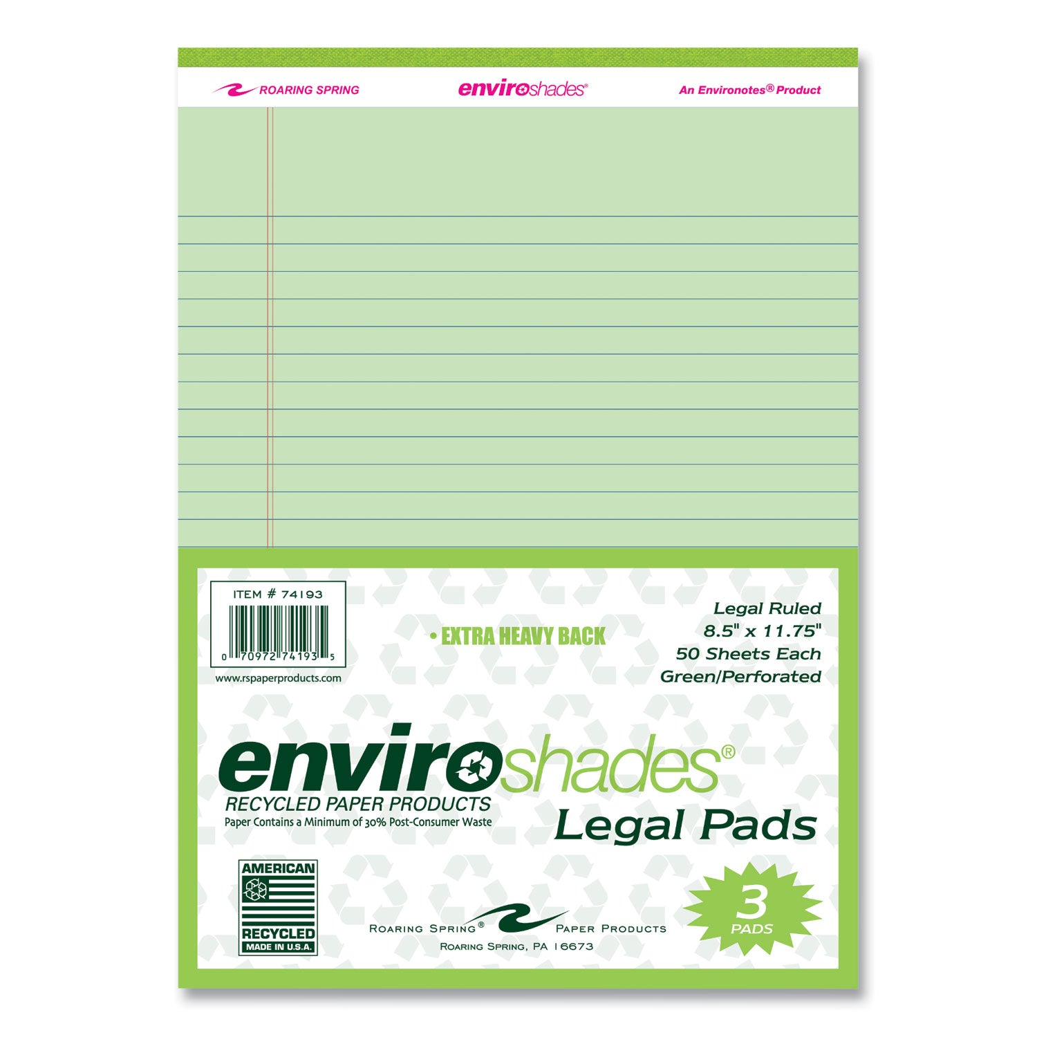 Enviroshades Legal Notepads, 50 Green 8.5 x 11.75 Sheets, 72 Notepads/Carton, Ships in 4-6 Business Days