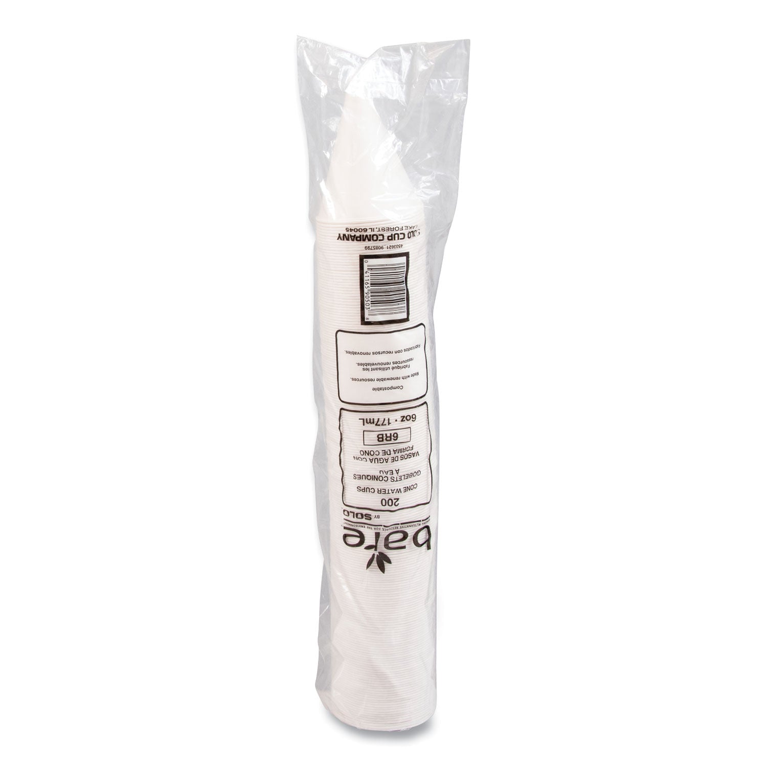 Bare Eco-Forward Treated Paper Cone Cups, ProPlanet Seal, 6 oz, White, 200/Sleeve, 25 Sleeves/Carton
