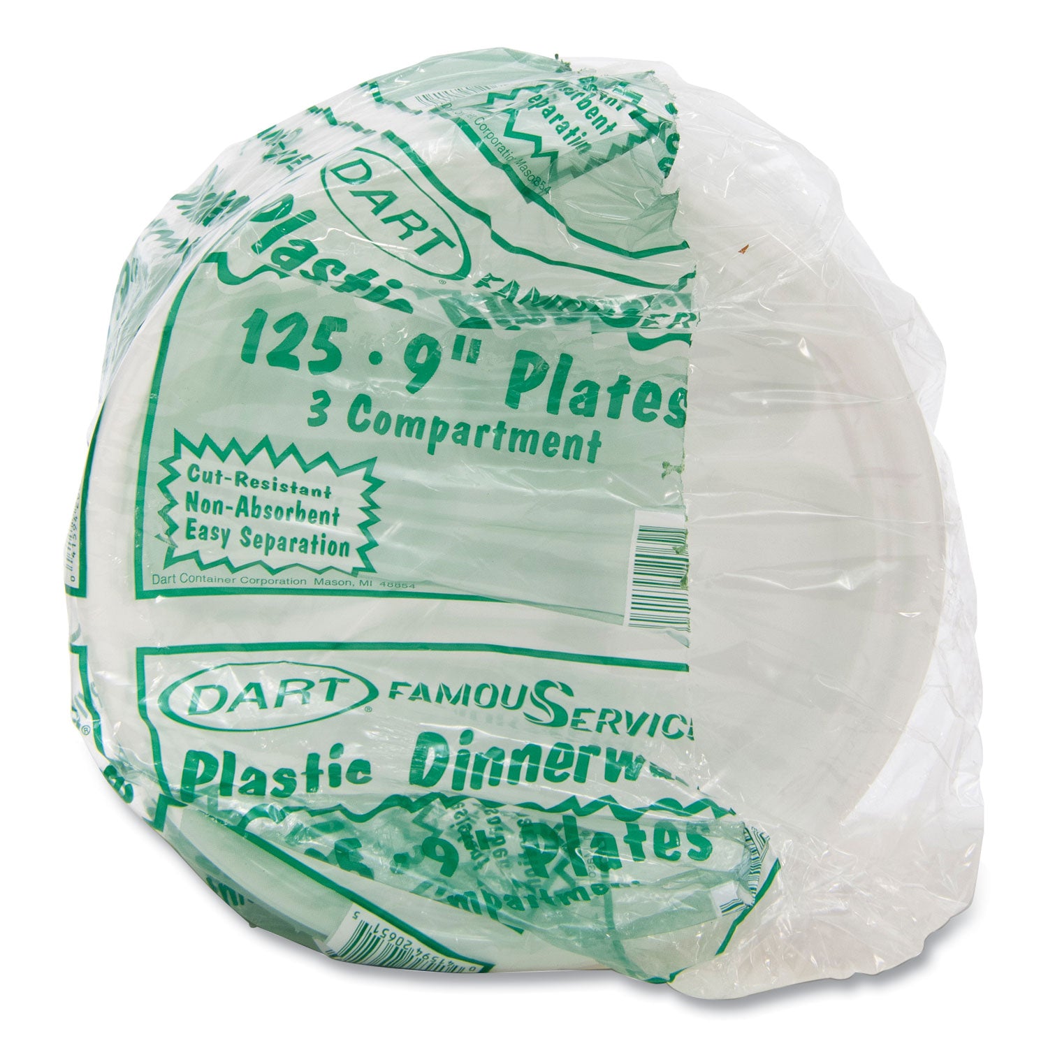 Plastic Plates, 3-Compartment, 9" dia, White, 125/Pack, 4 Packs/Carton - 