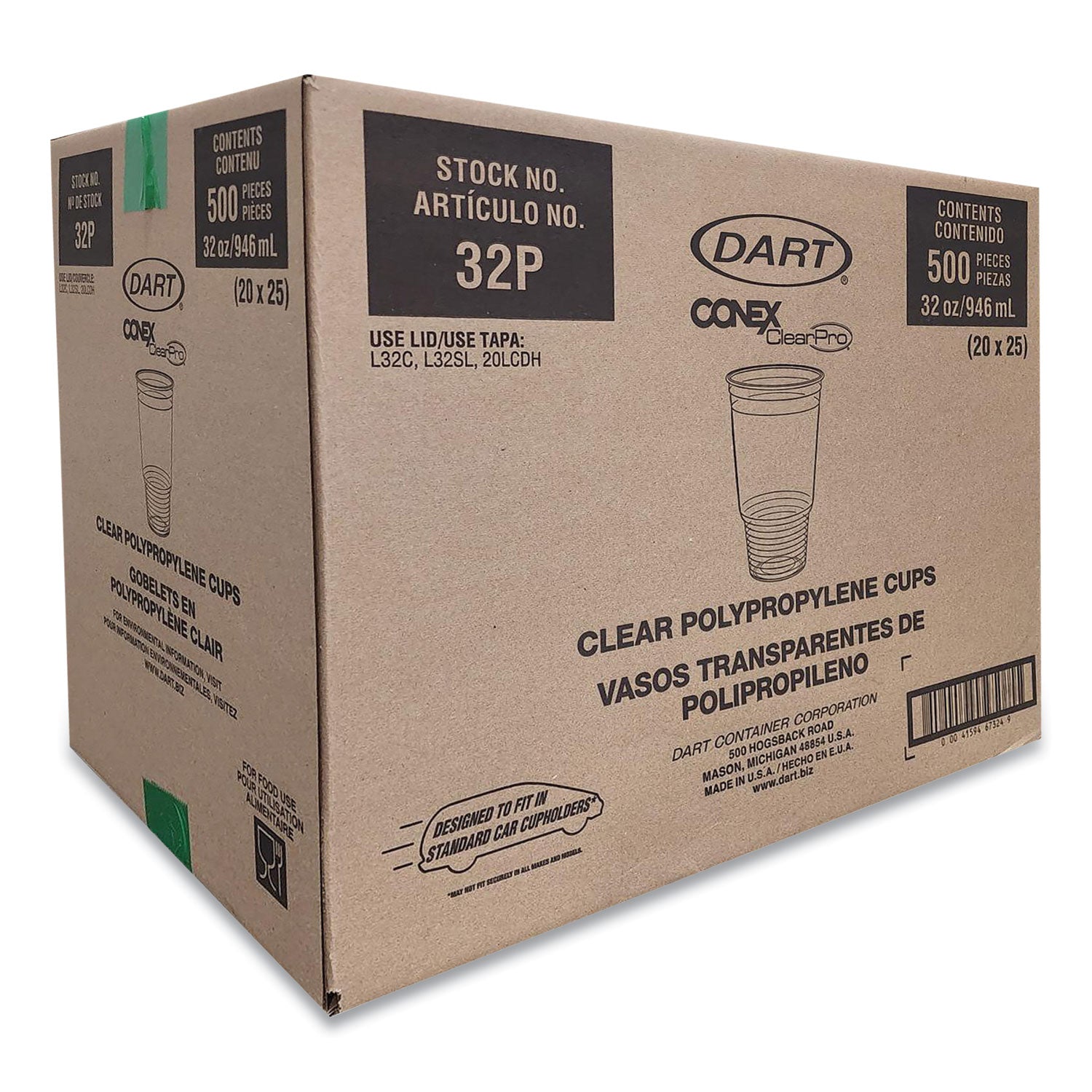 Conex ClearPro Plastic Cold Cups, Cold Cups, 32 oz, Clear, 25/Bag, 20 Bags/Carton