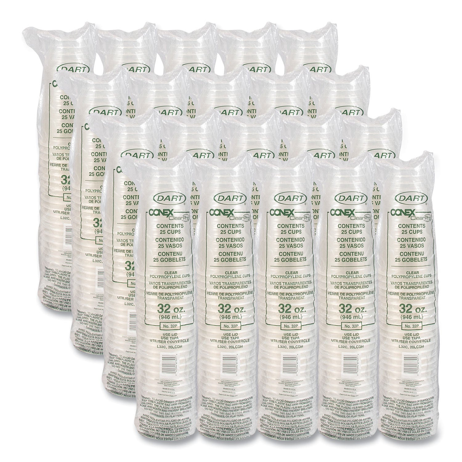 Conex ClearPro Plastic Cold Cups, Cold Cups, 32 oz, Clear, 25/Bag, 20 Bags/Carton