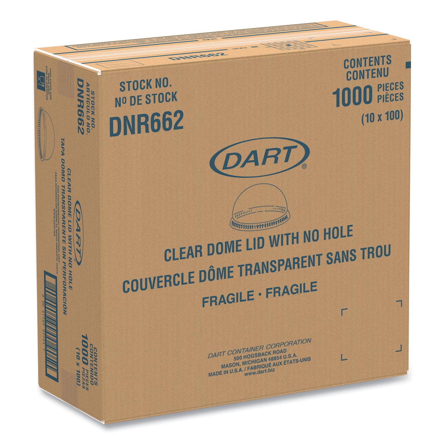 Plastic Dome Lid, No-Hole, Fits 9 oz to 22 oz Cups, Clear, 100/Sleeve, 10 Sleeves/Carton