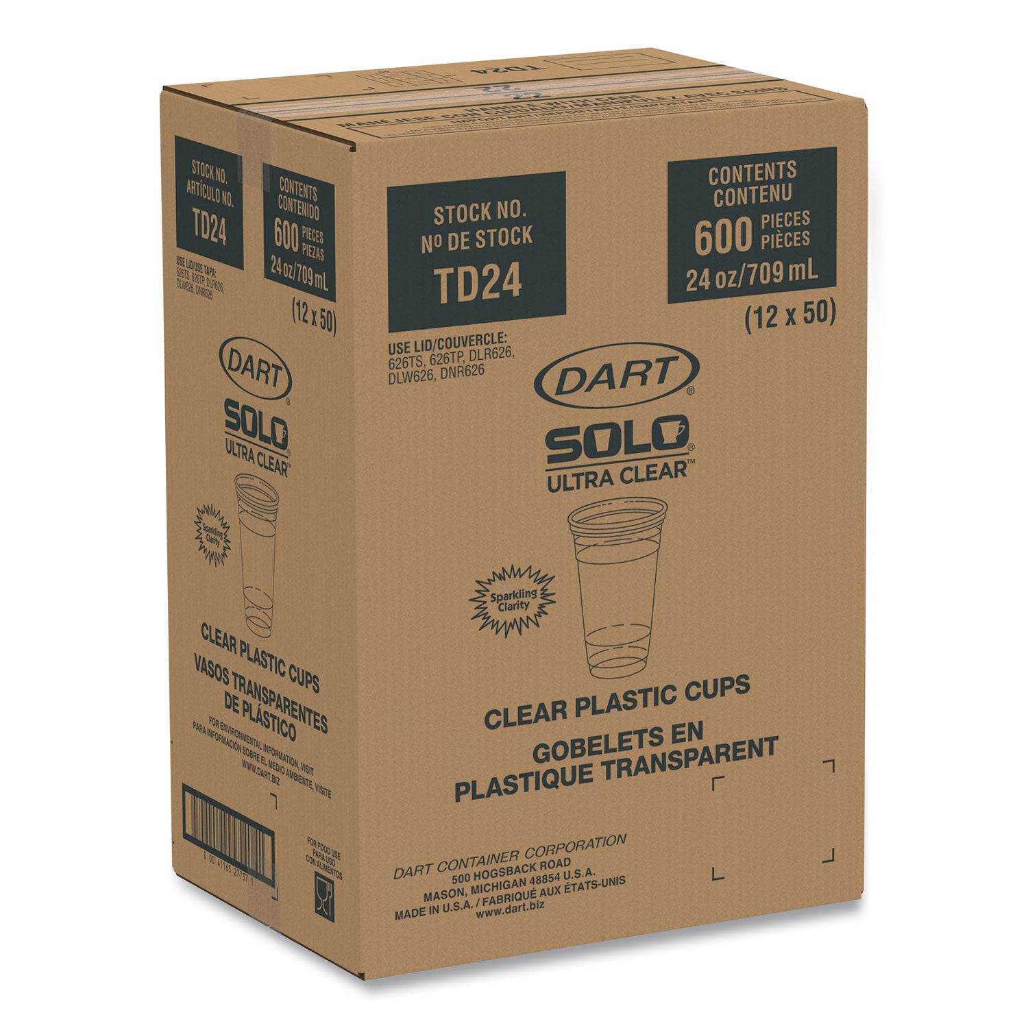 Ultra Clear PET Cold Cups, 24 oz, Clear, 50/Sleeve, 12 Sleeves/Carton - 