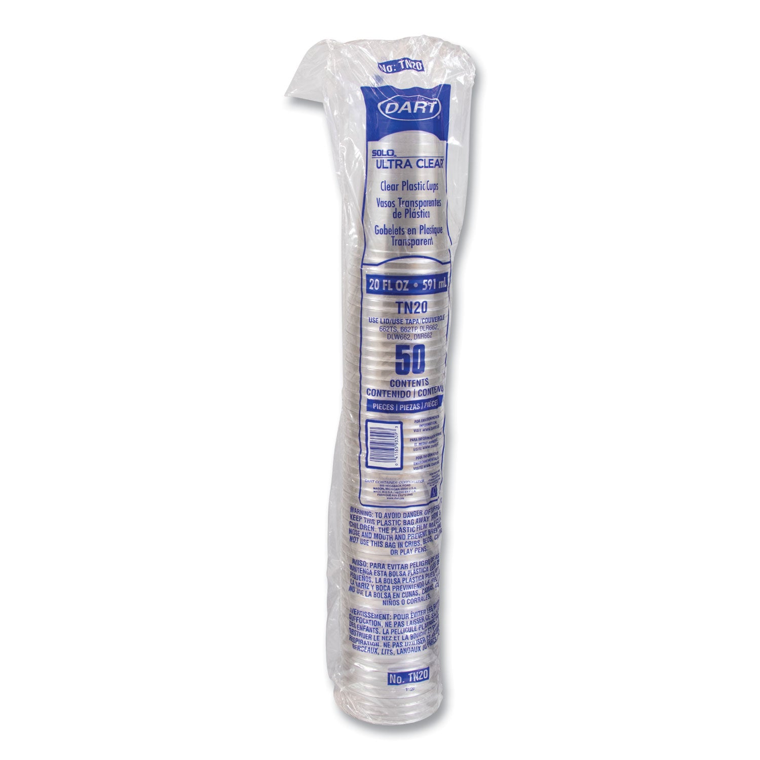 Ultra Clear PETE Cold Cups, 20 oz, Clear, 50/Sleeve, 20 Sleeves/Carton