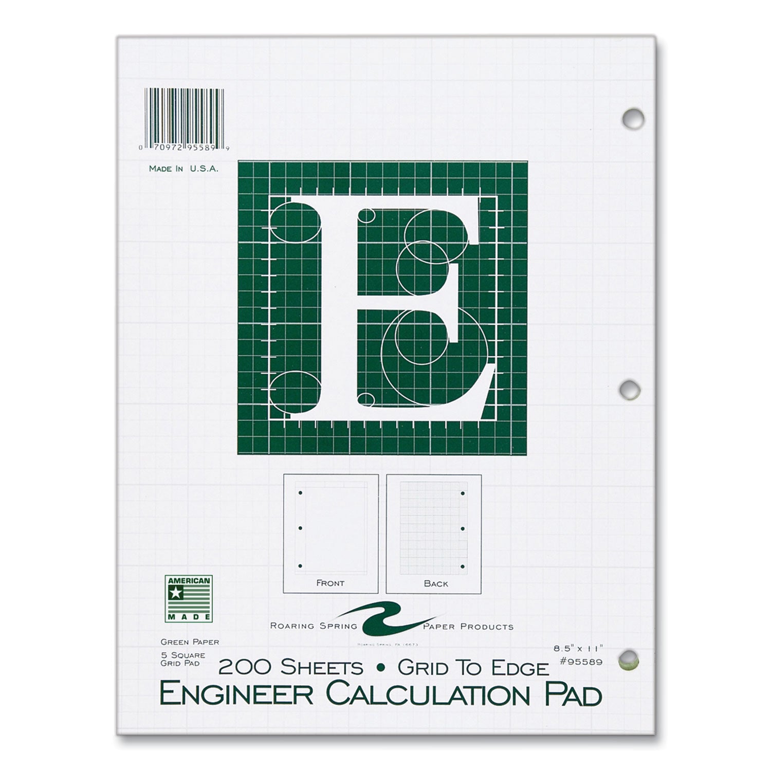 engineer-pad-125-margin-quad-rule-5-sq-in-1-sq-in-200-lt-green-85x11-sheets-pad-12-ct-ships-in-4-6-business-days_roa95589cs - 2