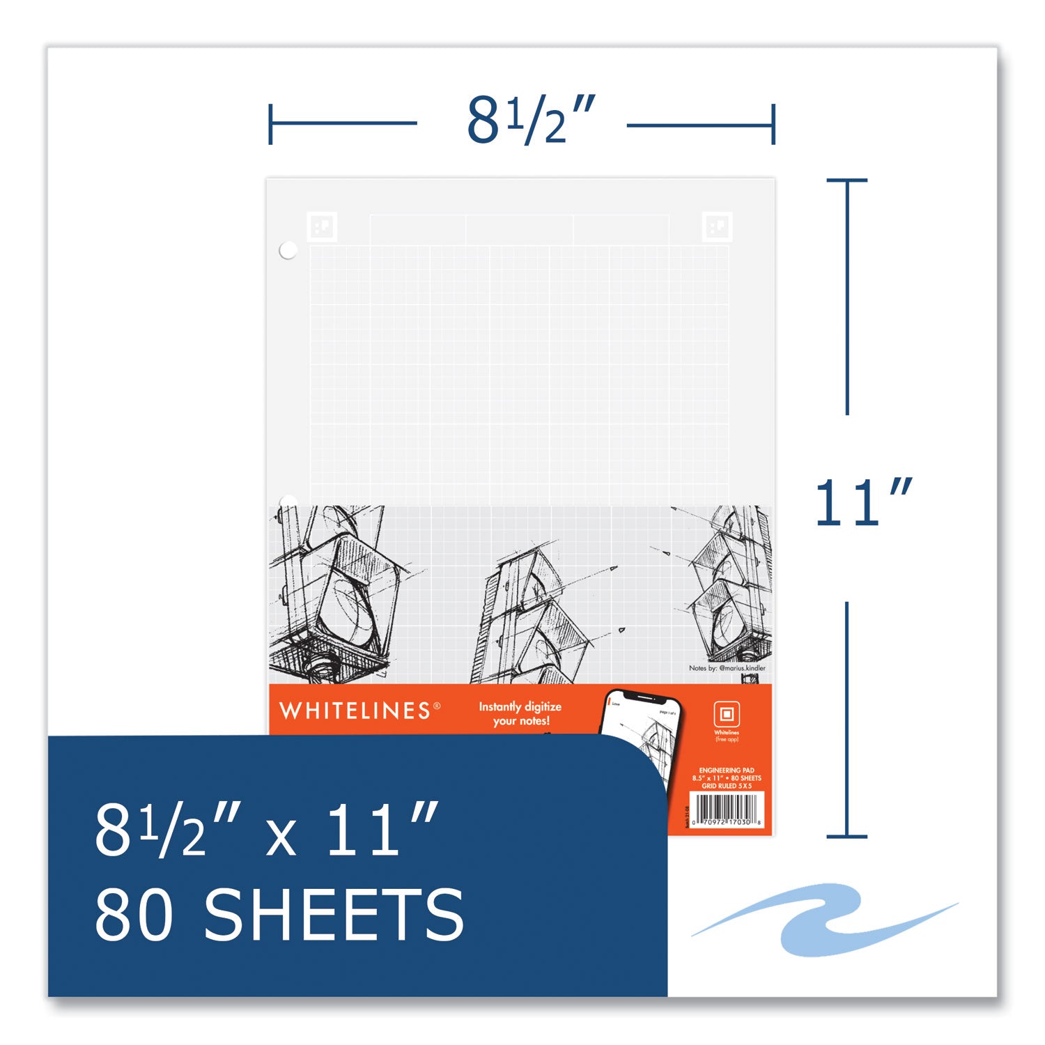 Whitelines Engineering Pad, 5 sq/in Quadrille Rule, 80 Gray 8.5 x 11 Sheets, 24/Carton, Ships in 4-6 Business Days