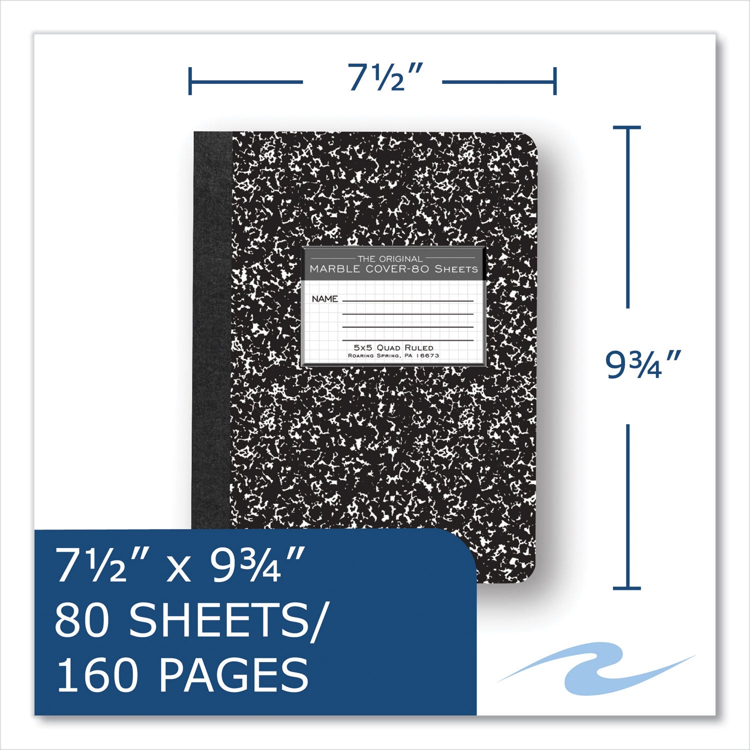 Hardcover Composition Book, Quadrille 5 sq/in Rule, Black Marble Cover, (80) 9.75 x 7.5 Sheet, 48/CT, Ships in 4-6 Bus Days