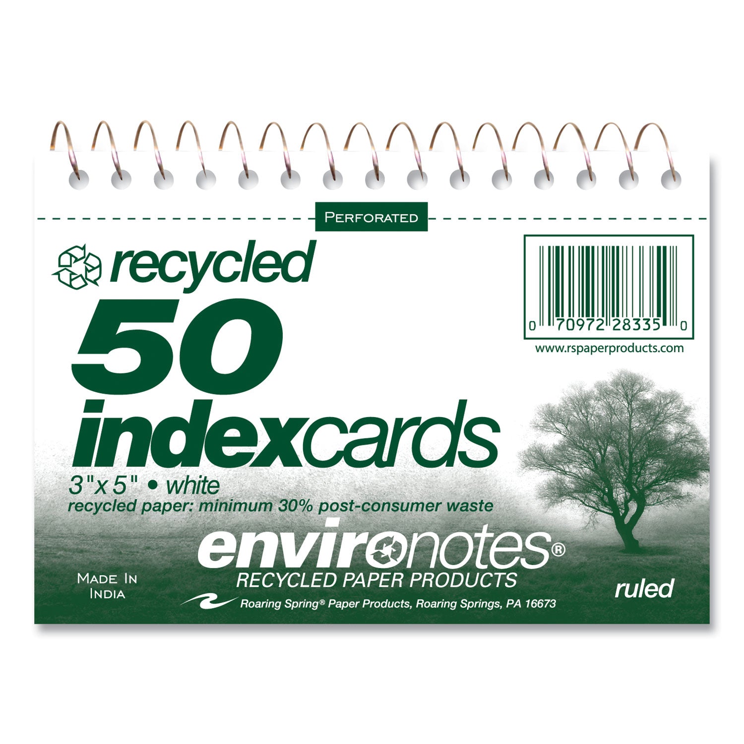 Environotes Wirebound Recycled Index Cards, Narrow Rule, 3 x 5, White, 50 Cards, 24/Carton, Ships in 4-6 Business Days