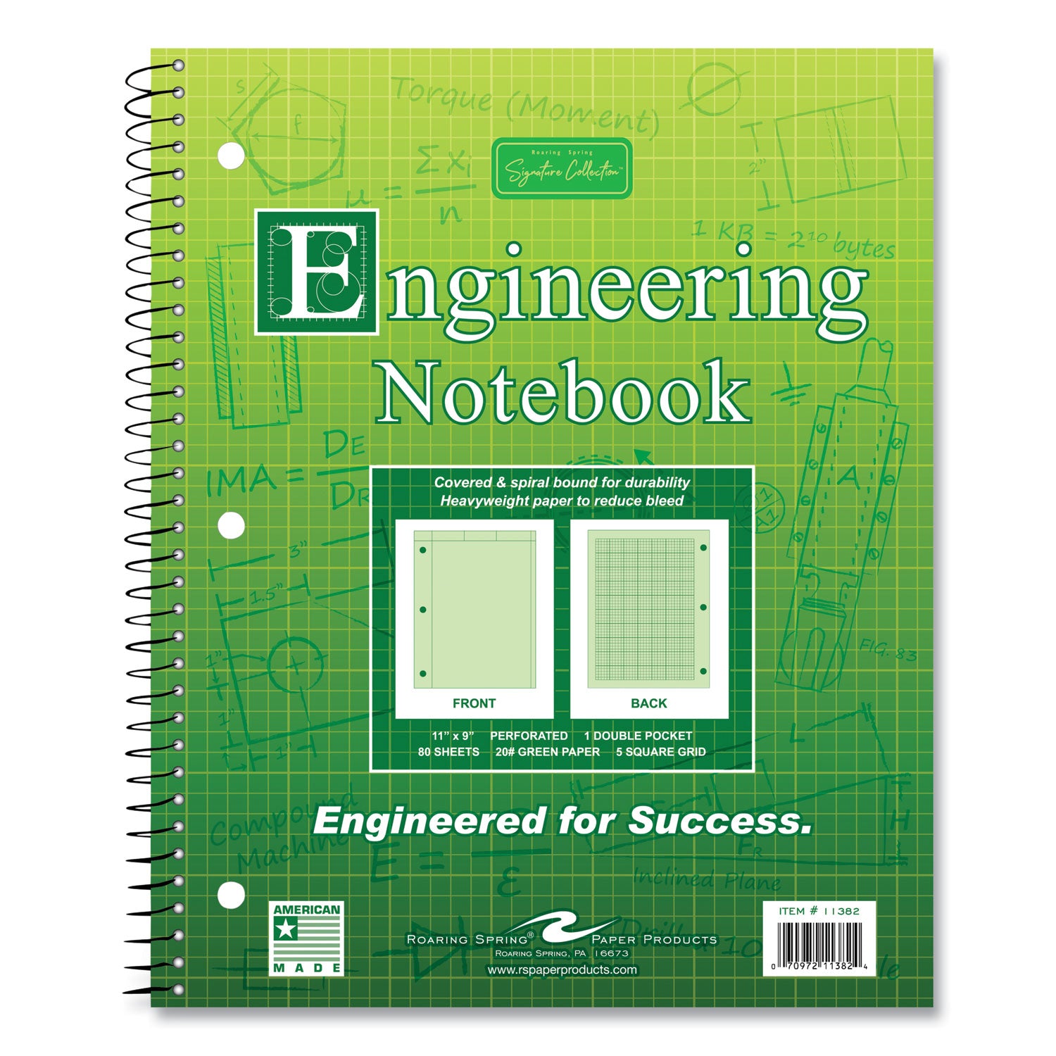 Wirebound Engineering Notebook, 20 lb Paper Stock, Green Cover, 80-Green 11 x 8.5 Sheets, 24/CT, Ships in 4-6 Business Days