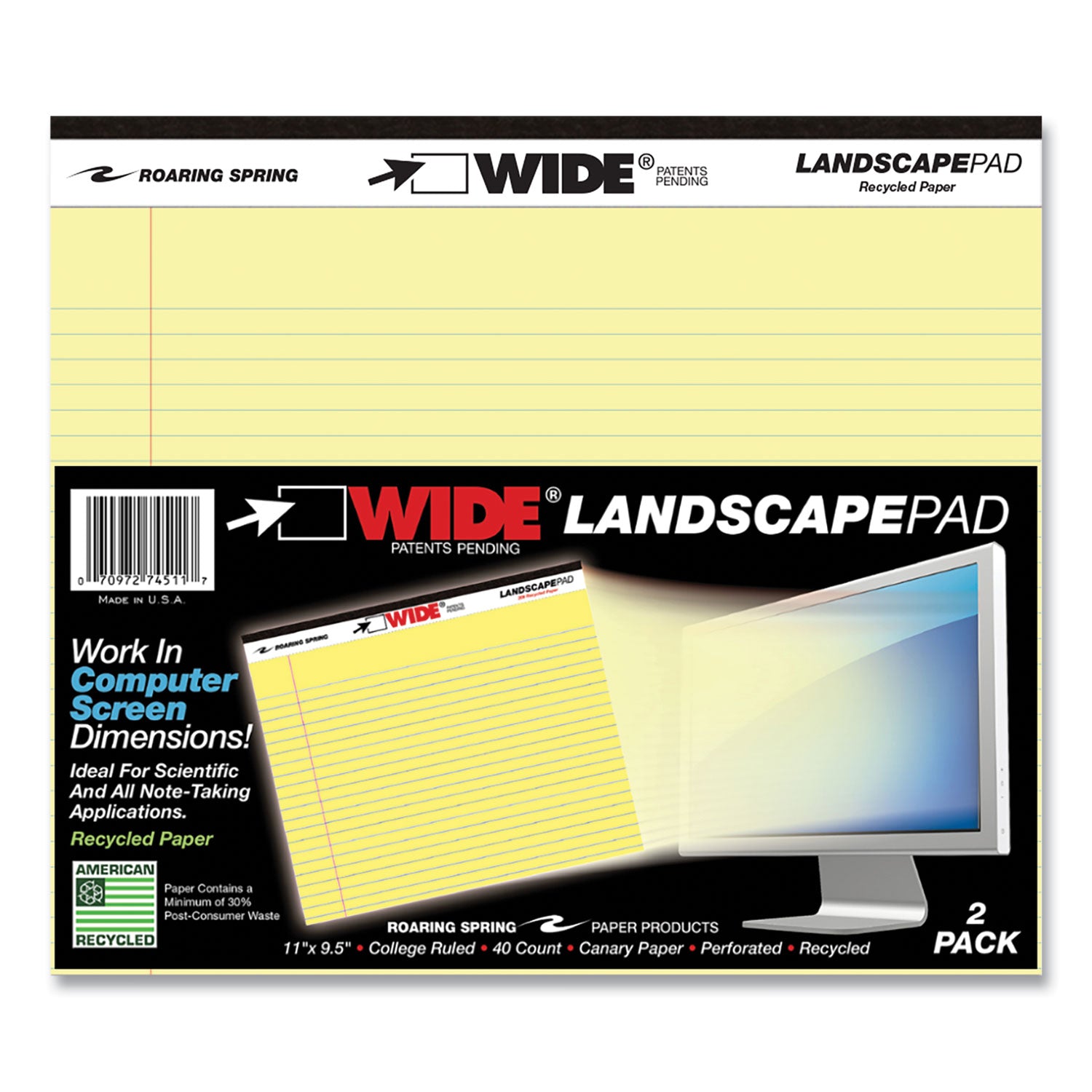 wide-landscape-format-writing-pad-medium-college-rule-40-canary-11-x-95-sheets-18-carton-ships-in-4-6-business-days_roa74511cs - 2