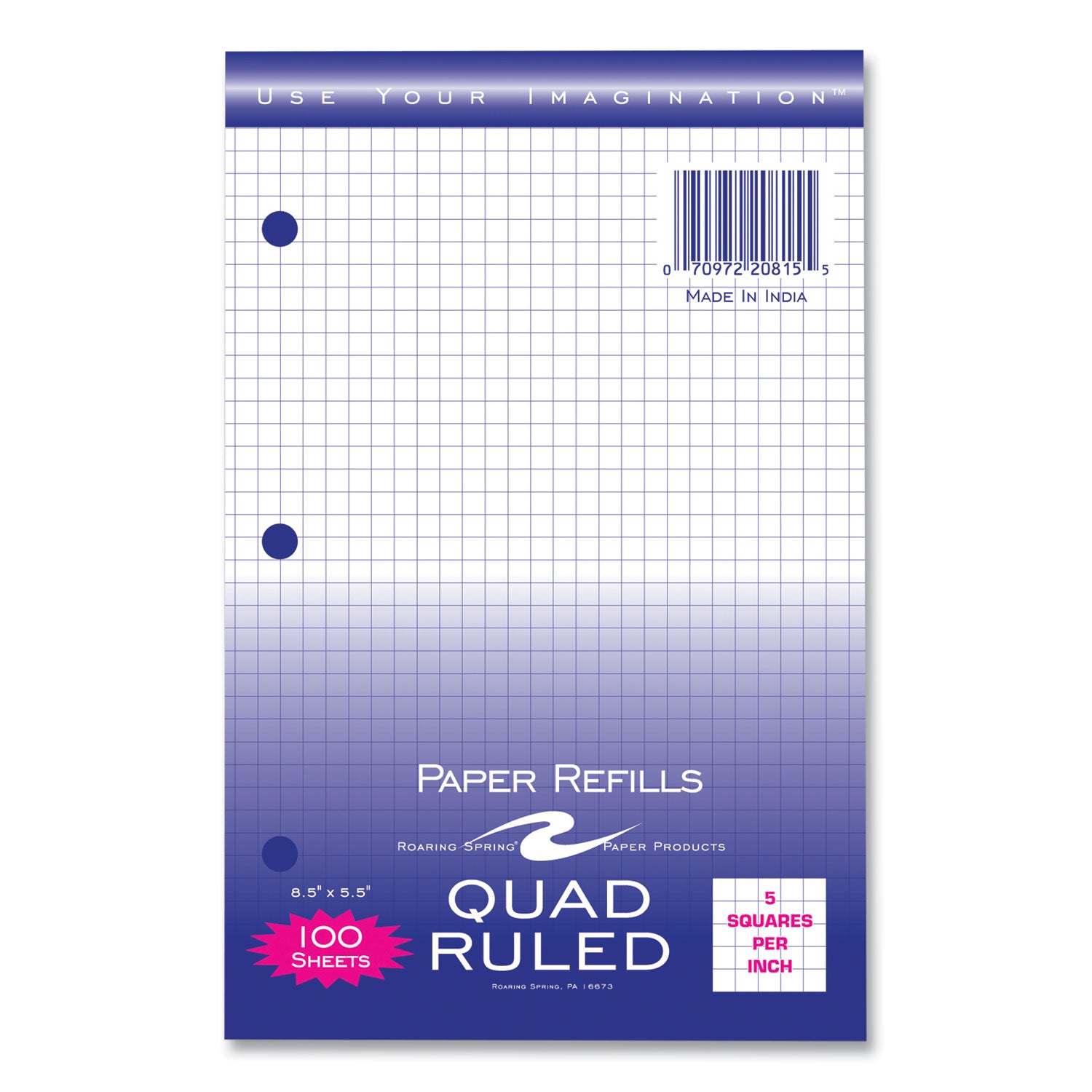 Graph Filler Paper, 3-Hole, Quadrille: 5 sq in, (100) 8.5 x 5.5 Sheets, 48/Carton, Ships in 4-6 Business Days