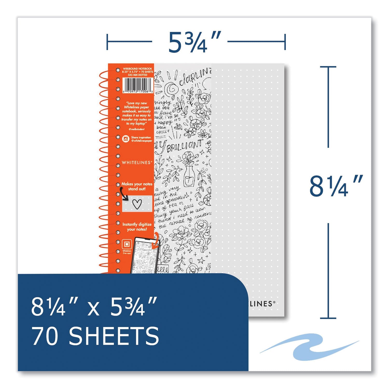 Whitelines Notebook, Dot Rule (5 mm), Gray/Orange Cover, (70) 8.25 x 5.75 Sheets, 12/Carton , Ships in 4-6 Business Days