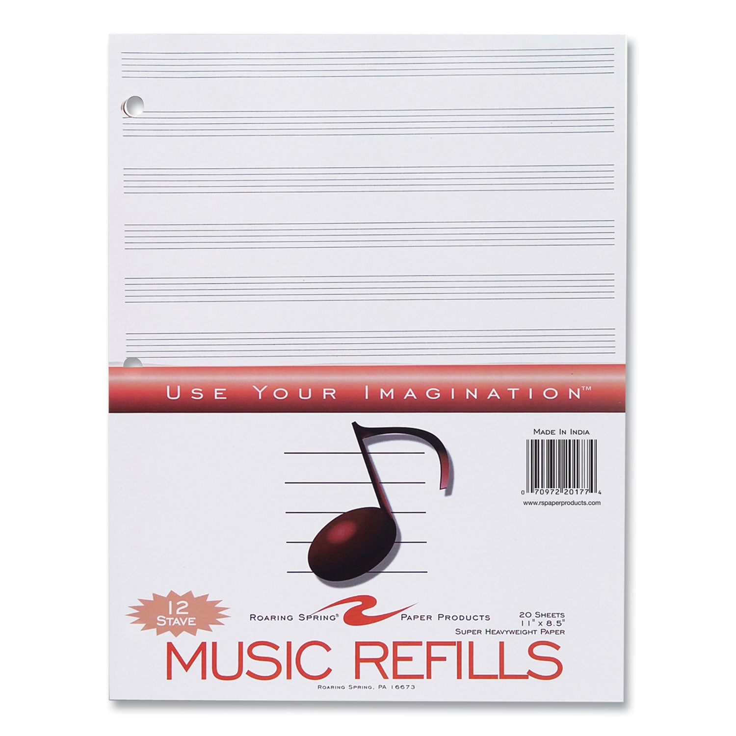Music Filler Paper, 3-Hole, 8.5 x 11, Music Transcription Format, 20 Sheets/Pack, 24 Packs/Carton, Ships in 4-6 Business Days